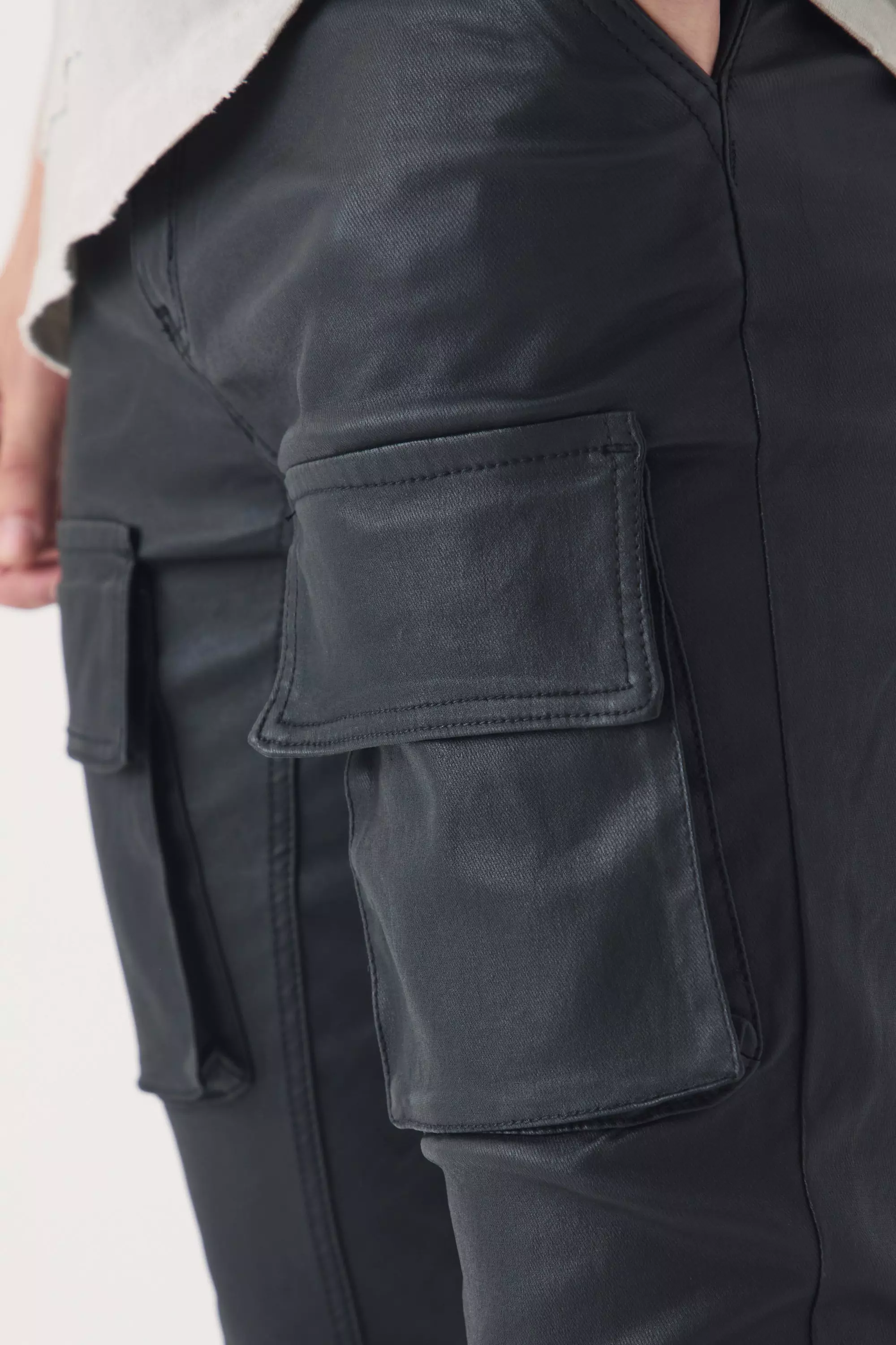 Black Tall PU Coated Stacked Flared Gusset Cargo Jeans alternative image