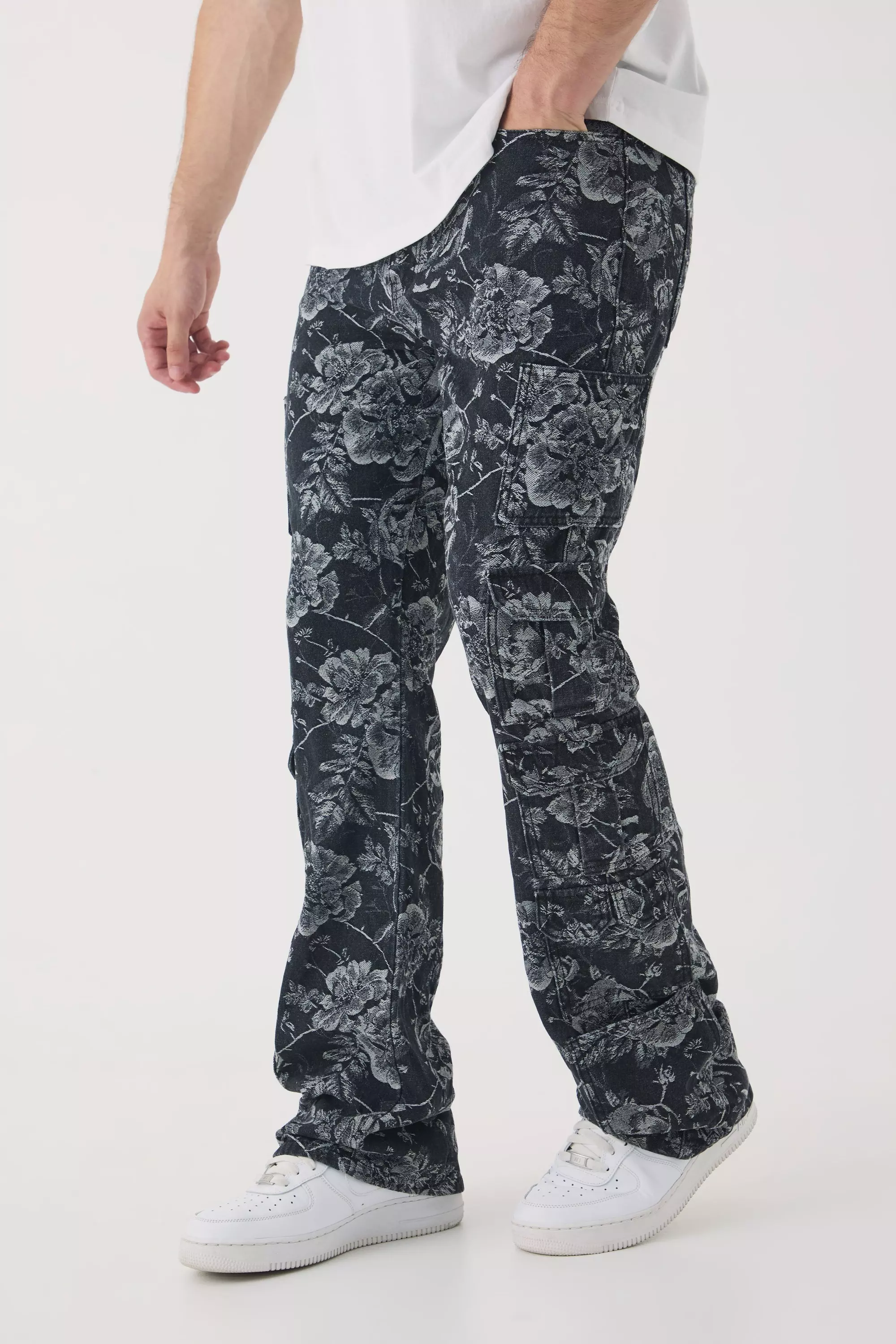 Black Tall Floral Jacquard Multi Cargo Flared Jeans