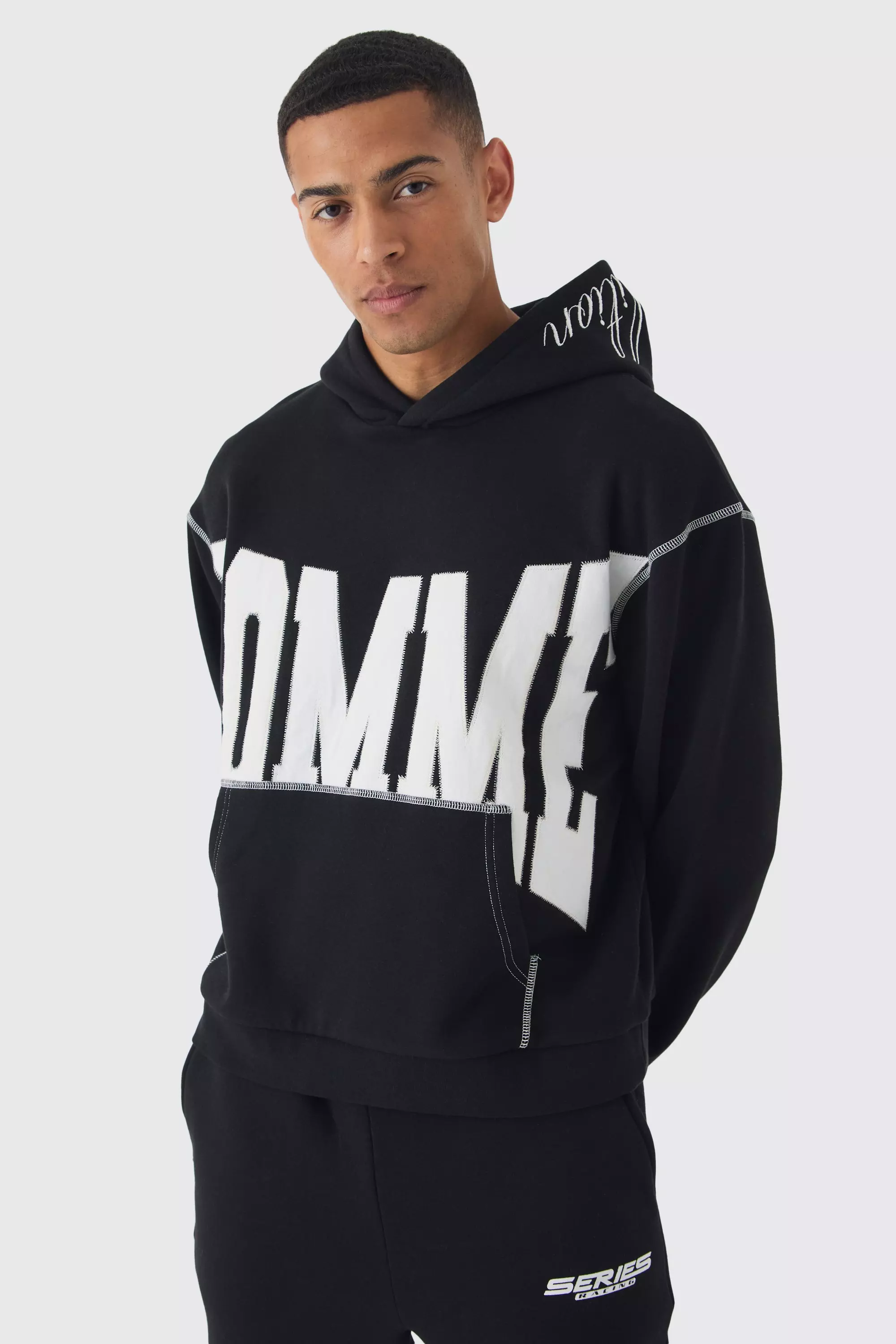 Oversized Boxy Twill Applique Contrast Stitch Hoodie Black