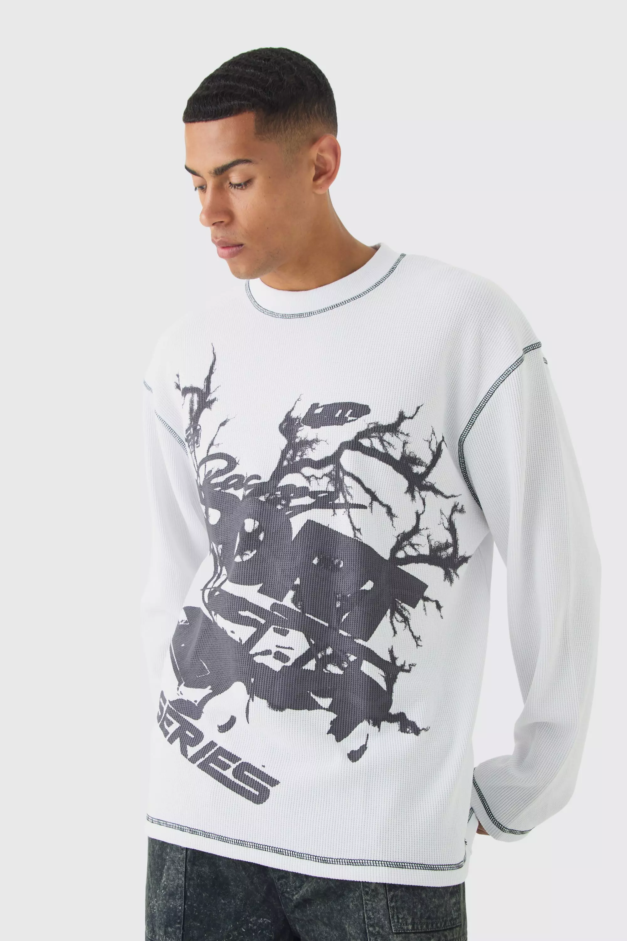 Oversized Long Sleeve Printed Waffle Sweatshirt White