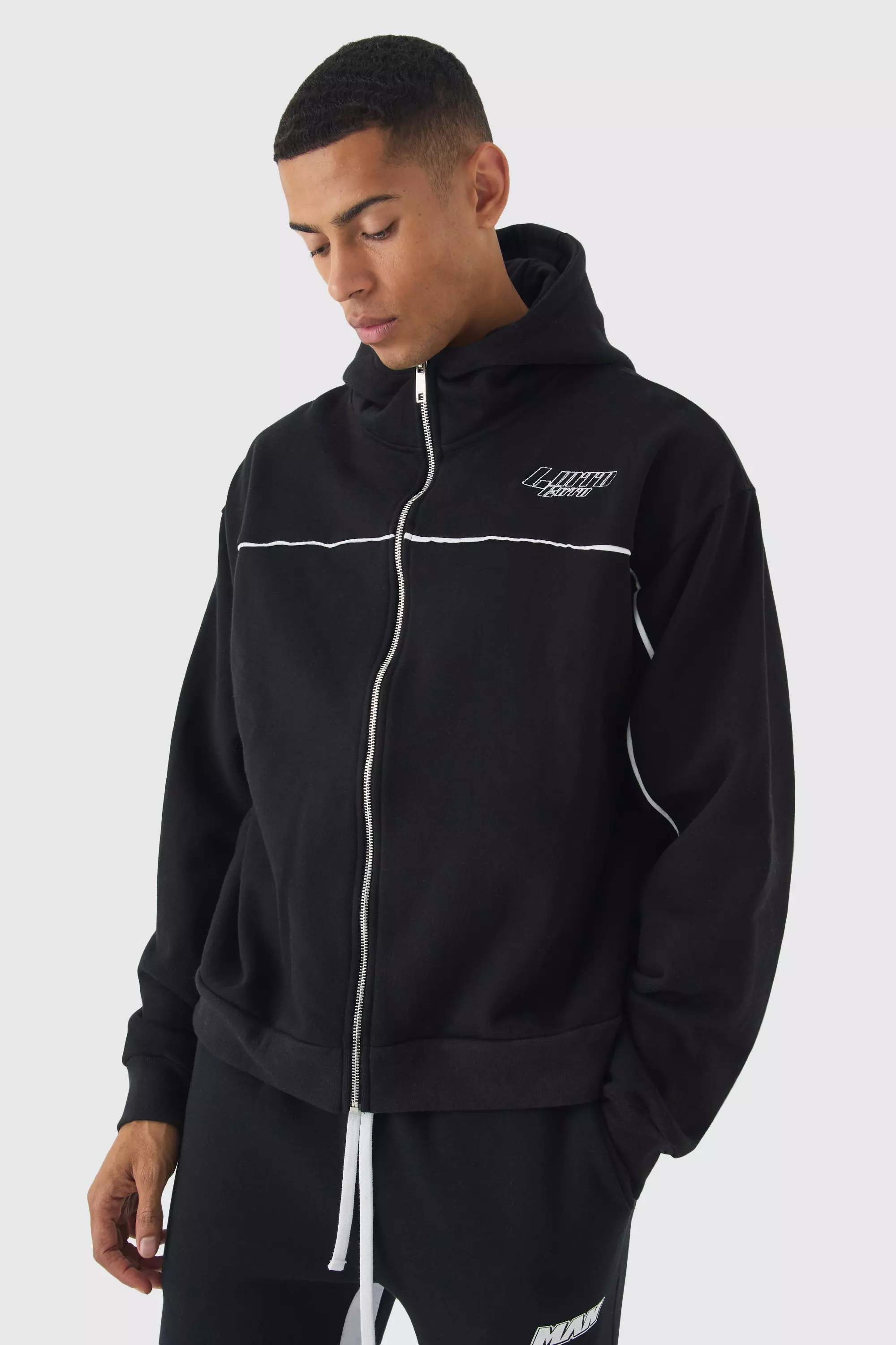 Oversized Boxy Heavyweight Embroidered Hoodie With Piping Black