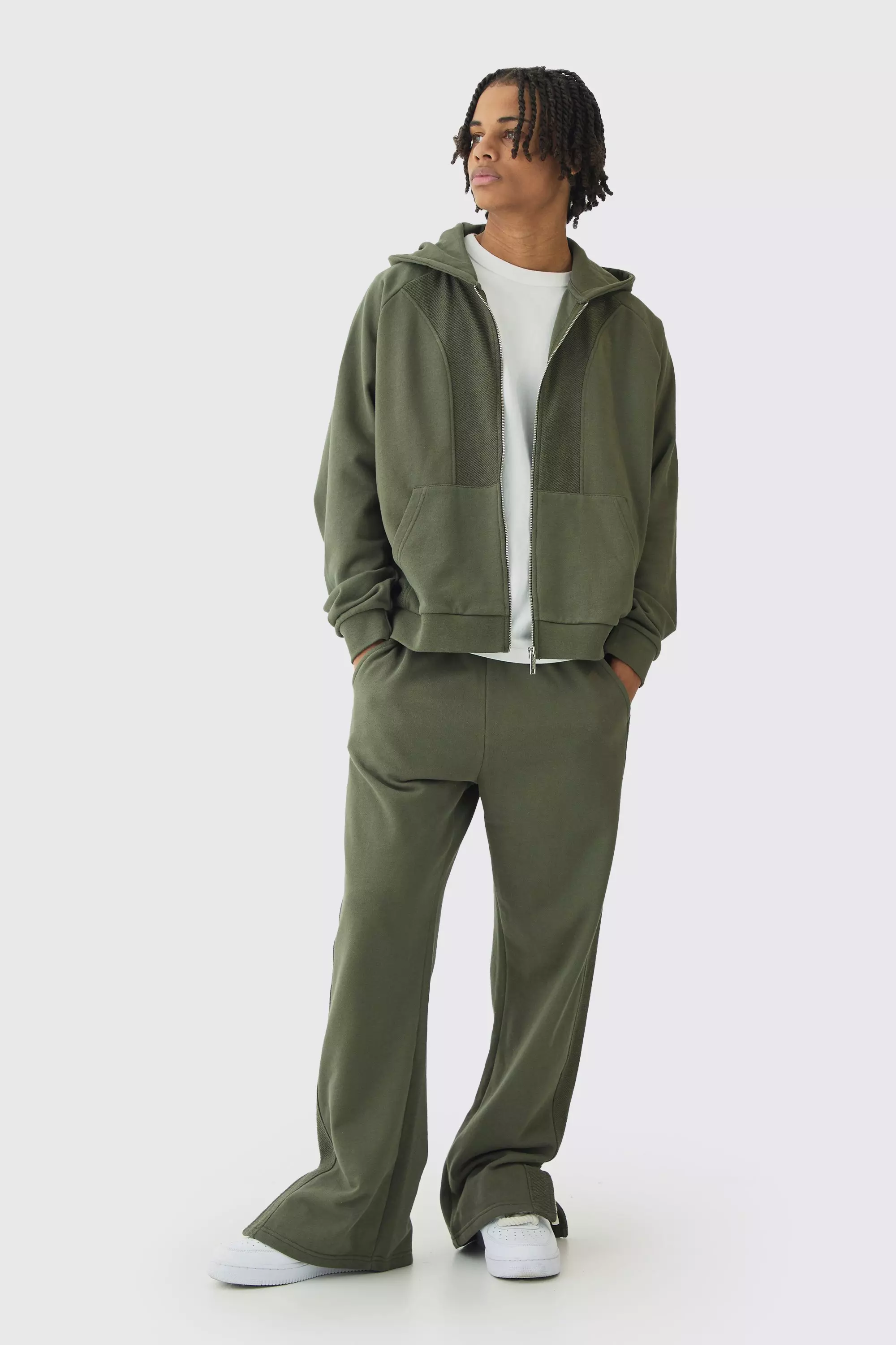 Khaki Oversized Reverse Loopback Seam Detail Hooded Tracksuit