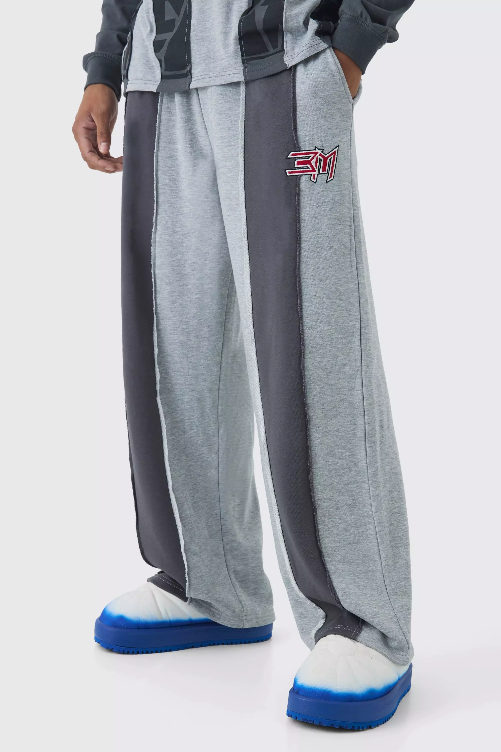 Grey Extreme Wide Leg Double Waistband Spliced Loopback Sweatpants