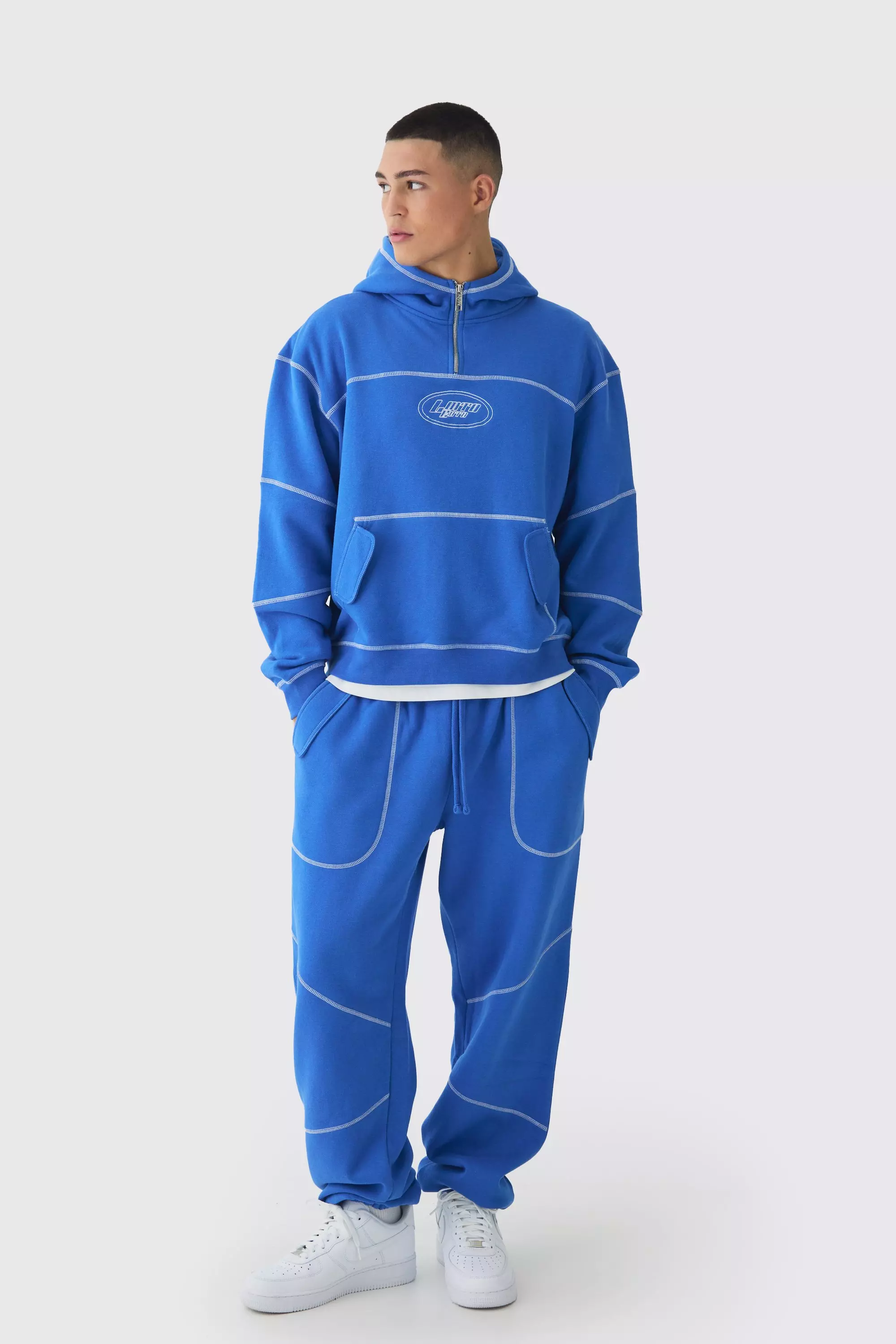 Oversized Boxy Contrast Stitch Embroidered Hooded Tracksuit Cobalt