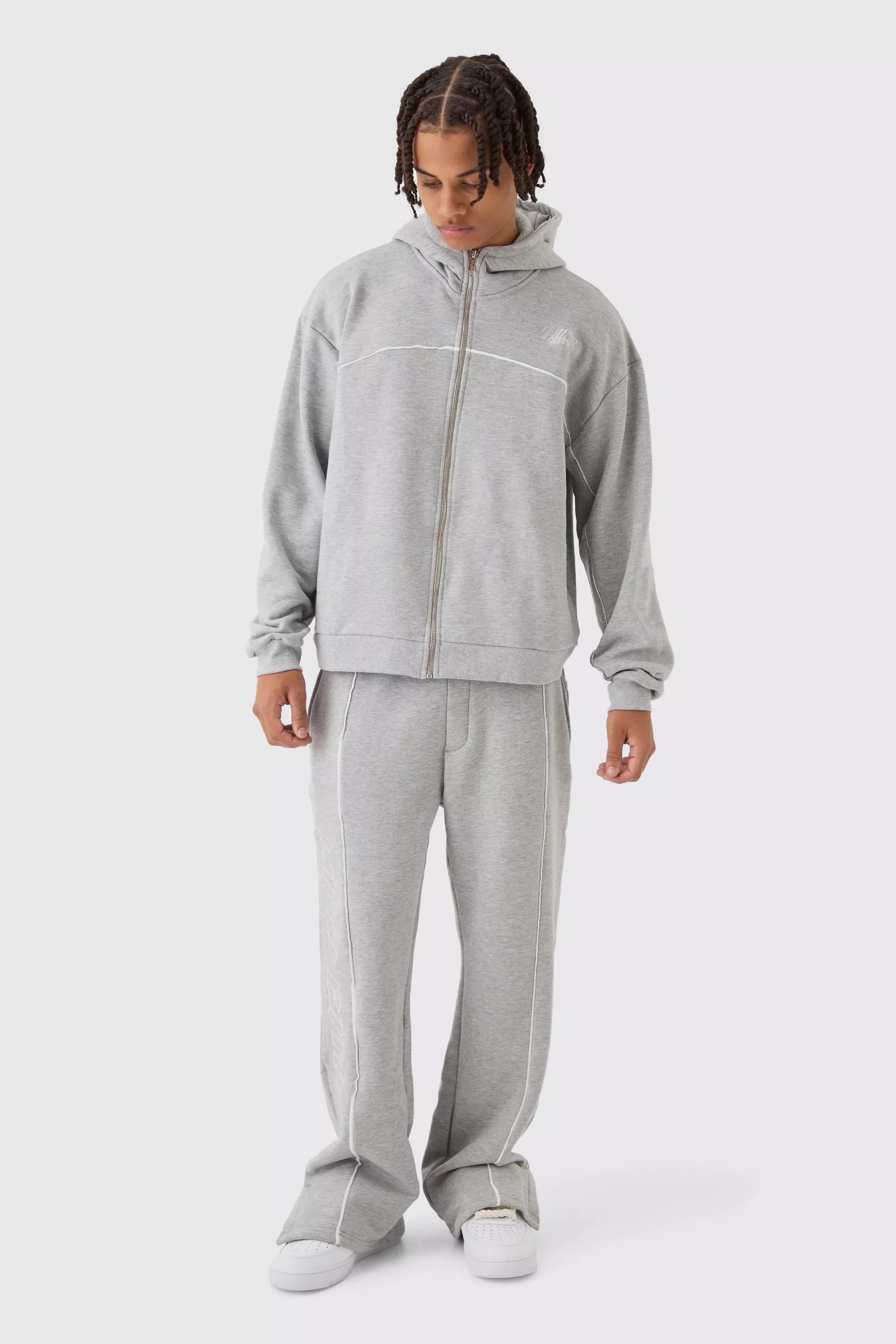 Oversized Boxy Heavyweight Embroidered Piping Hooded Tracksuit Grey