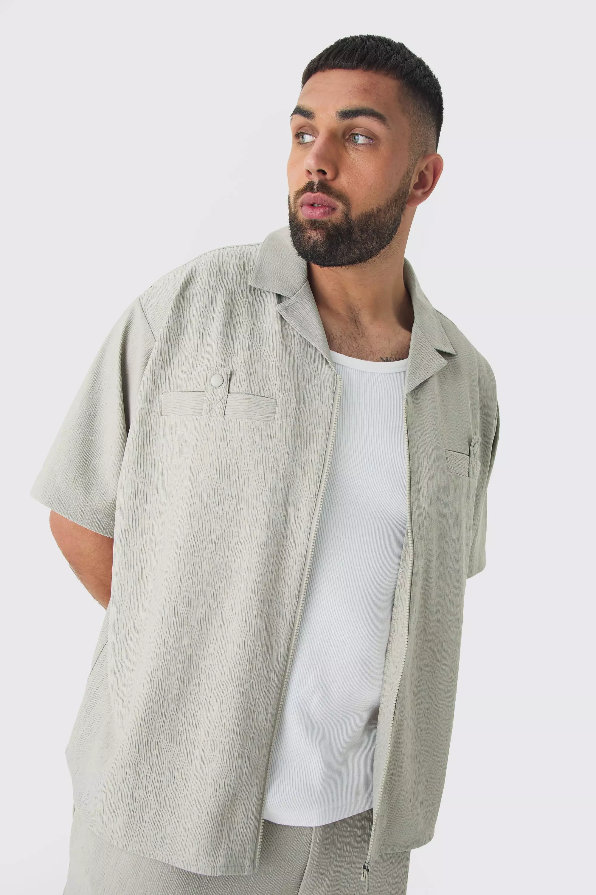 Camicia Taglie Forti Con Trama, Pieghe E Zip, Grey immagine alternativa