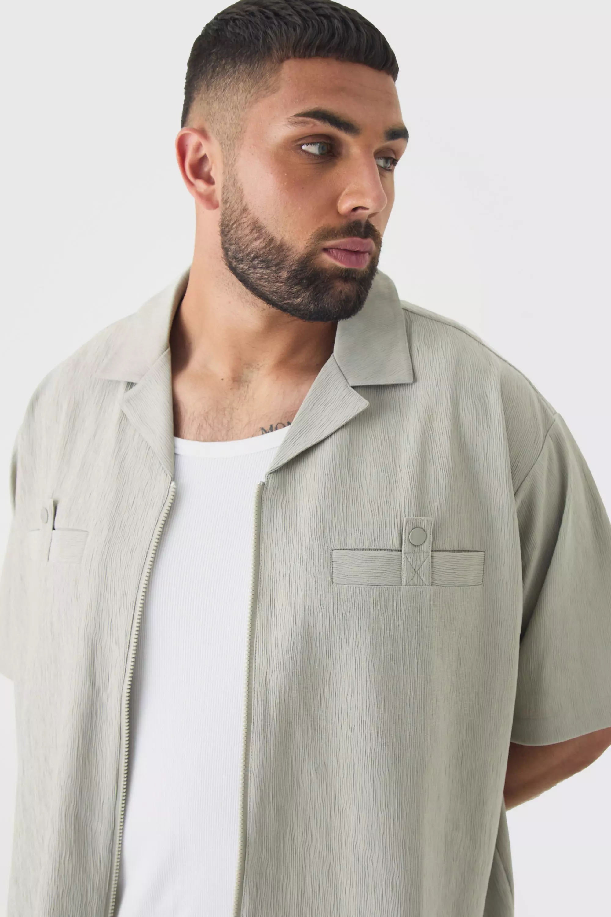 Camicia Taglie Forti Con Trama, Pieghe E Zip, Grey immagine alternativa