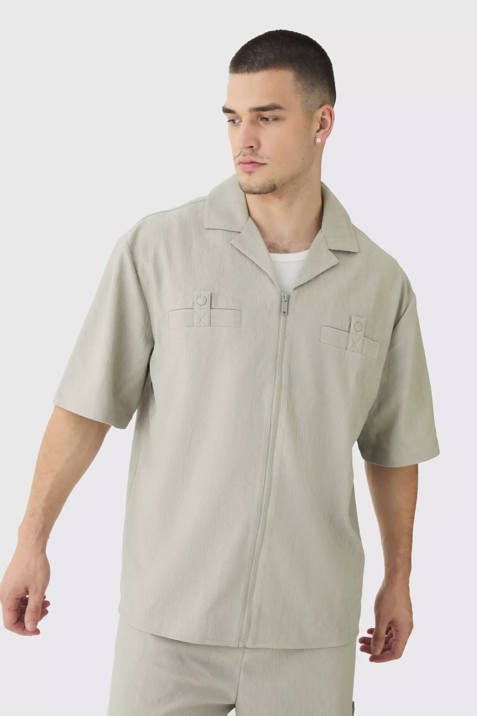 Grey Tall Textured Pleated Zip Up Shirt alternative image