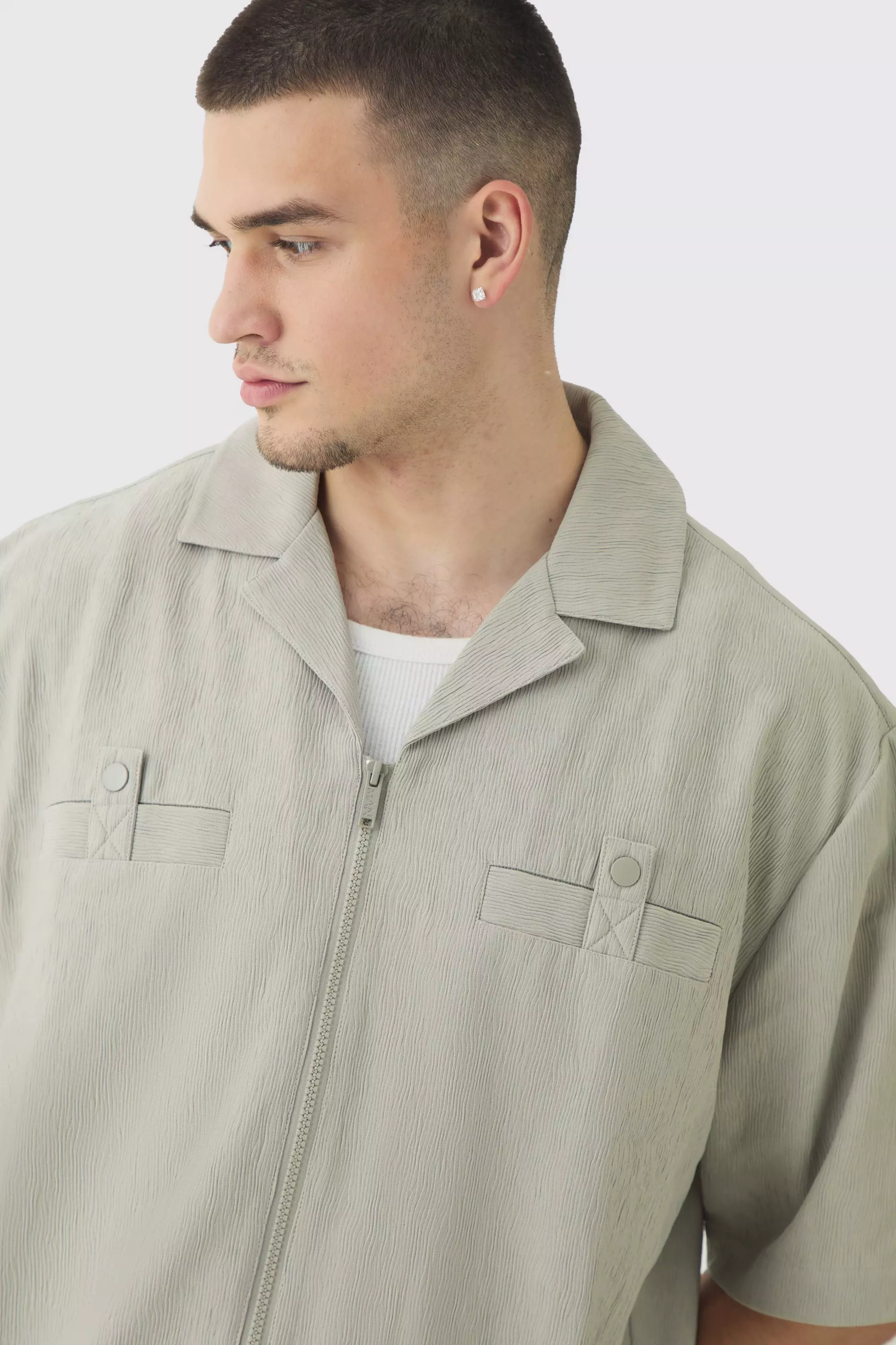 Grey Tall Textured Pleated Zip Up Shirt alternative image