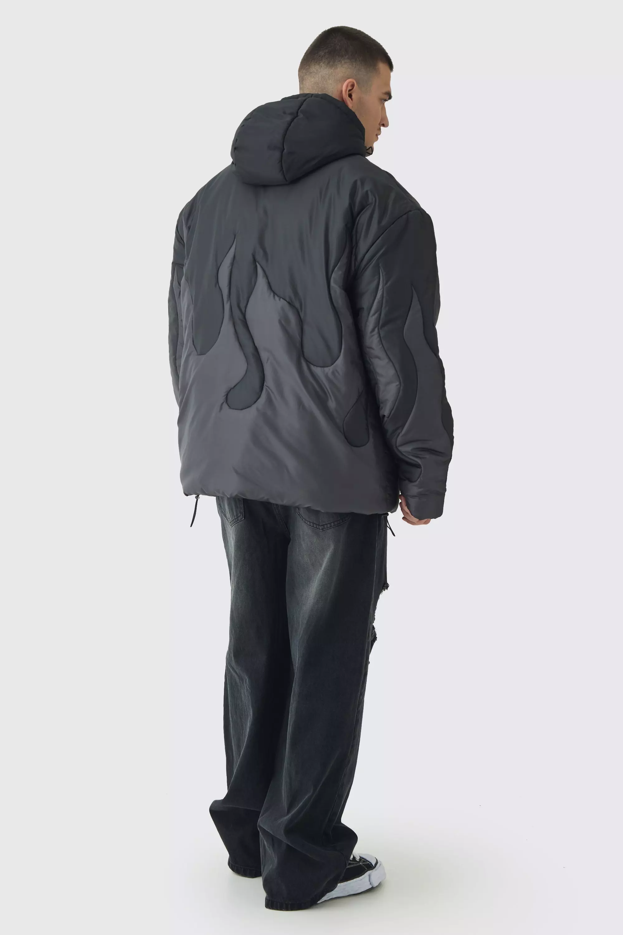 Black Tall Flame Hooded Oversized Puffer Jacket alternative image