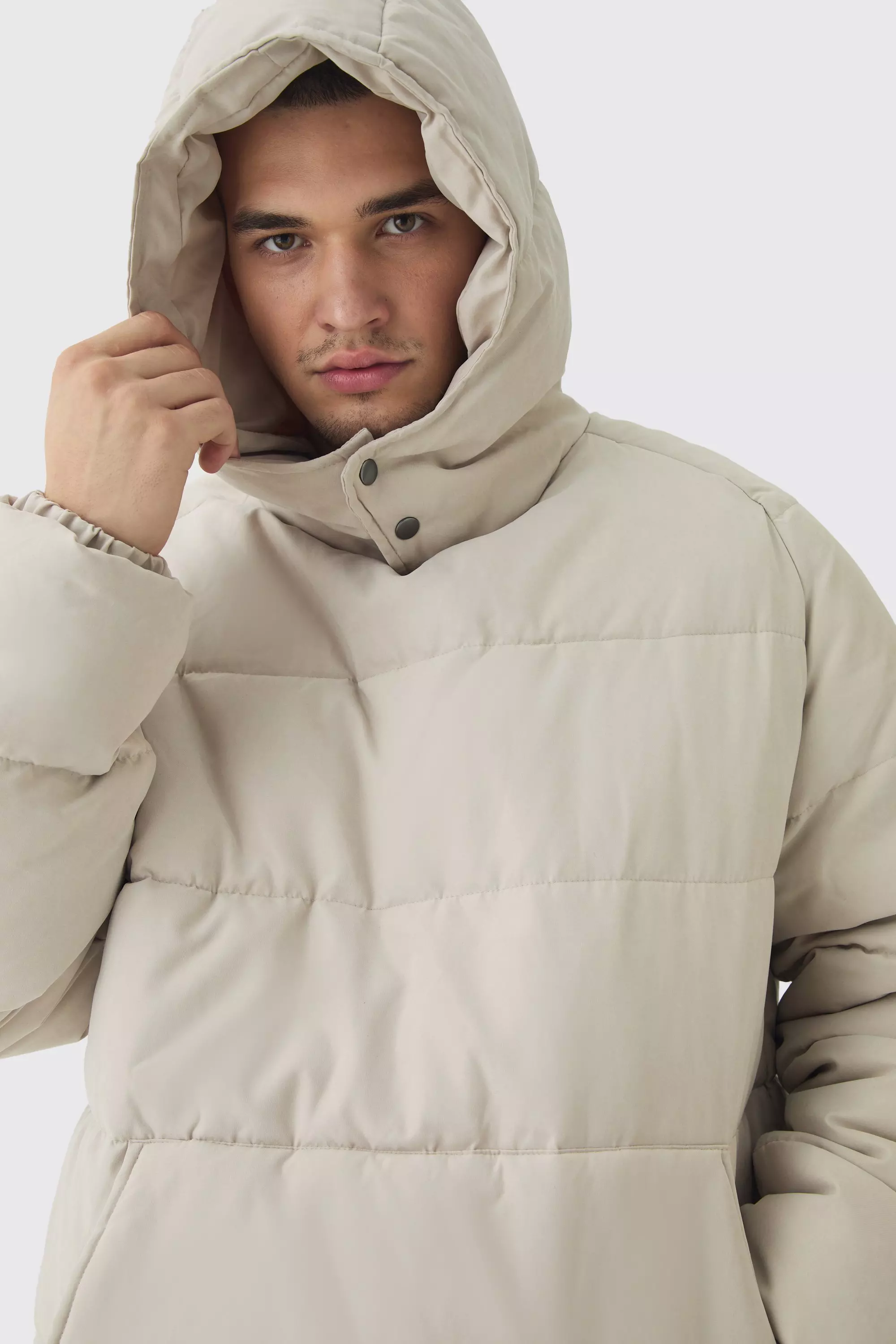 Tall Soft Touch Nylon-Steppjacke mit Kapuze, Stone alternatives Bild