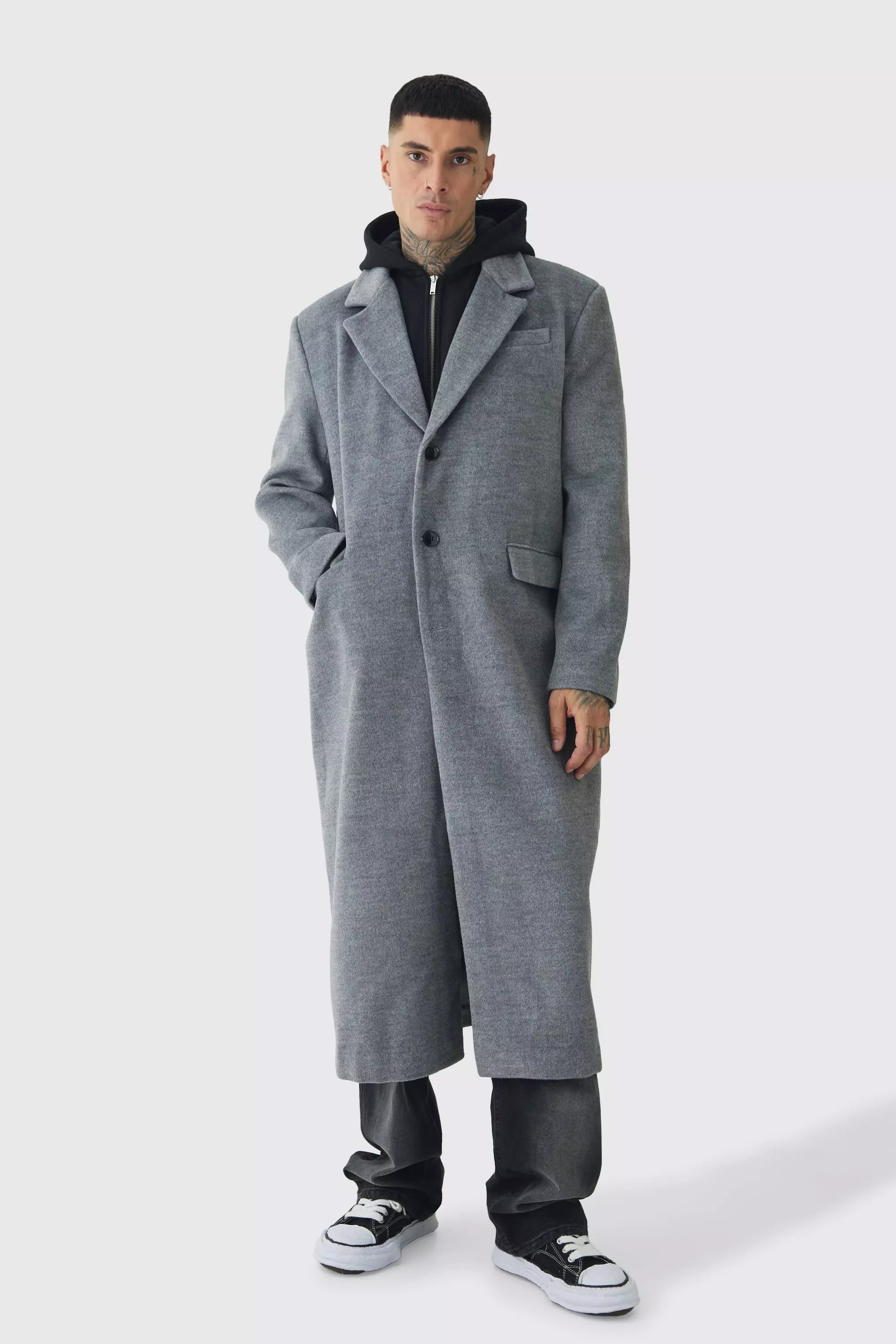 Tall Super Relaxed Hybrid Hooded Wool Overcoat Charcoal