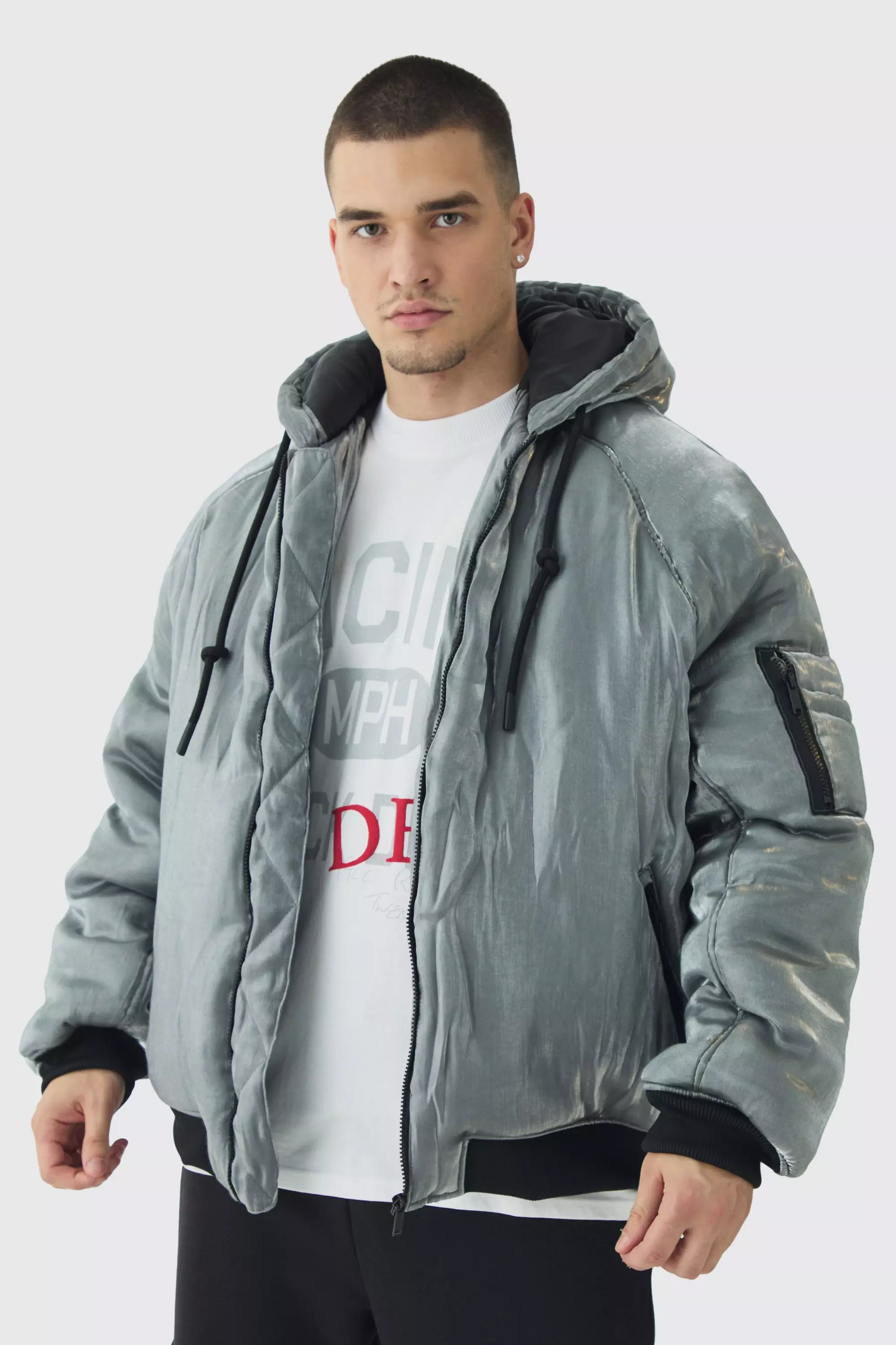 Tall Liquid Metallic Hooded Padded Bomber Jacket Silver