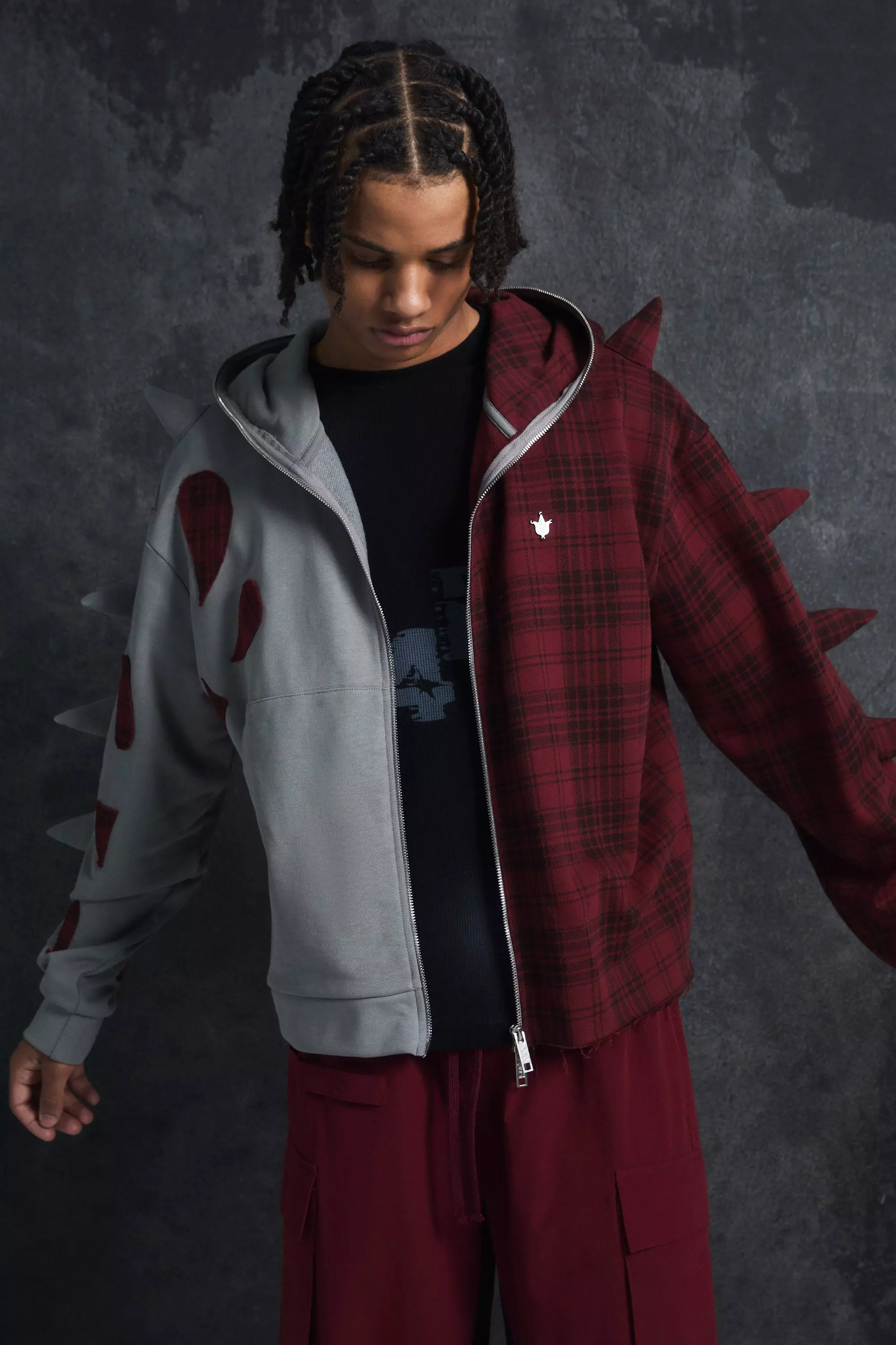 Grey Trippie Redd Oversized Boxy Full Zip Through Spike And Plaid Hoodie