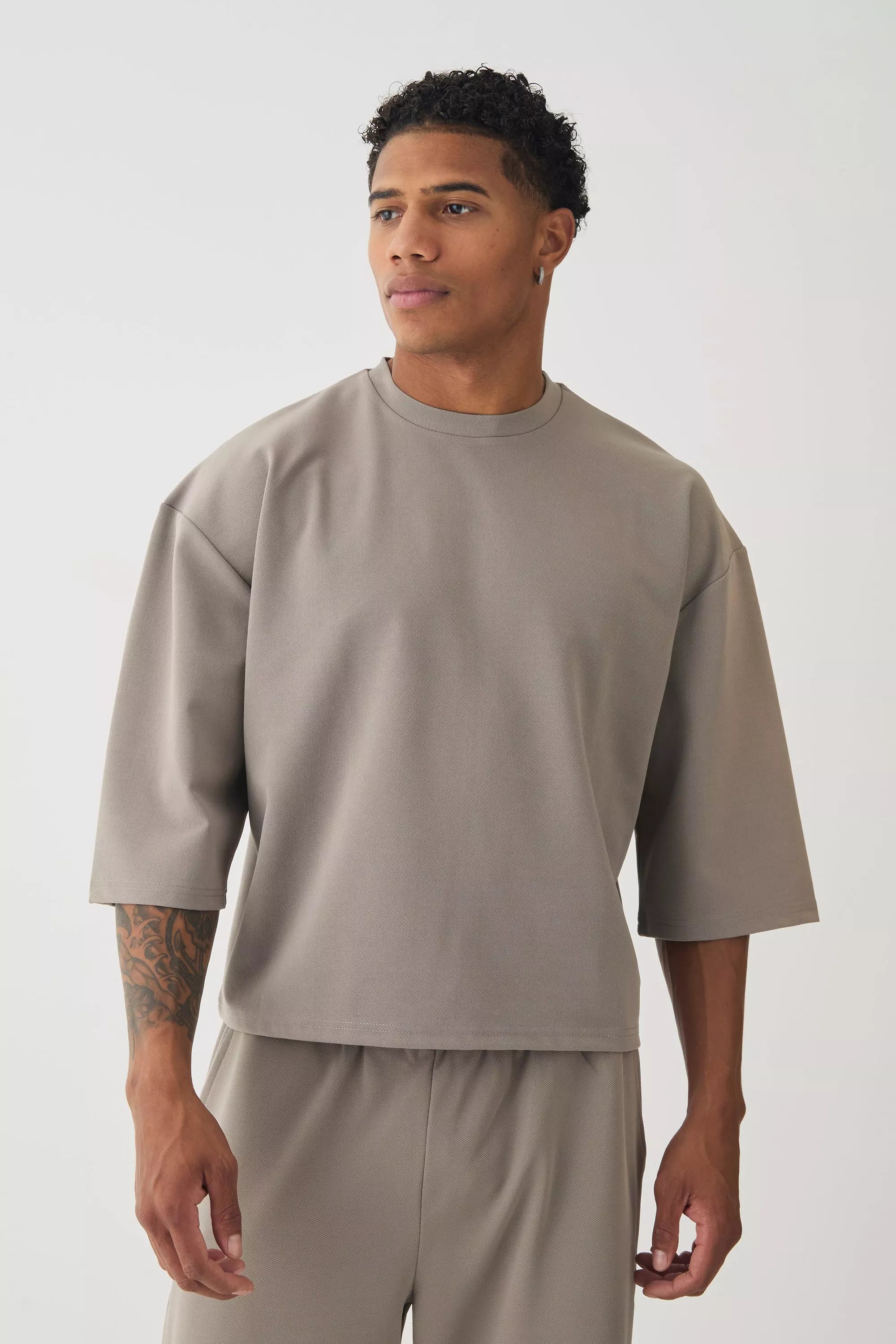 Taupe Beige Oversized Jersey Twill Extra Boxy Half Sleeve T-shirt