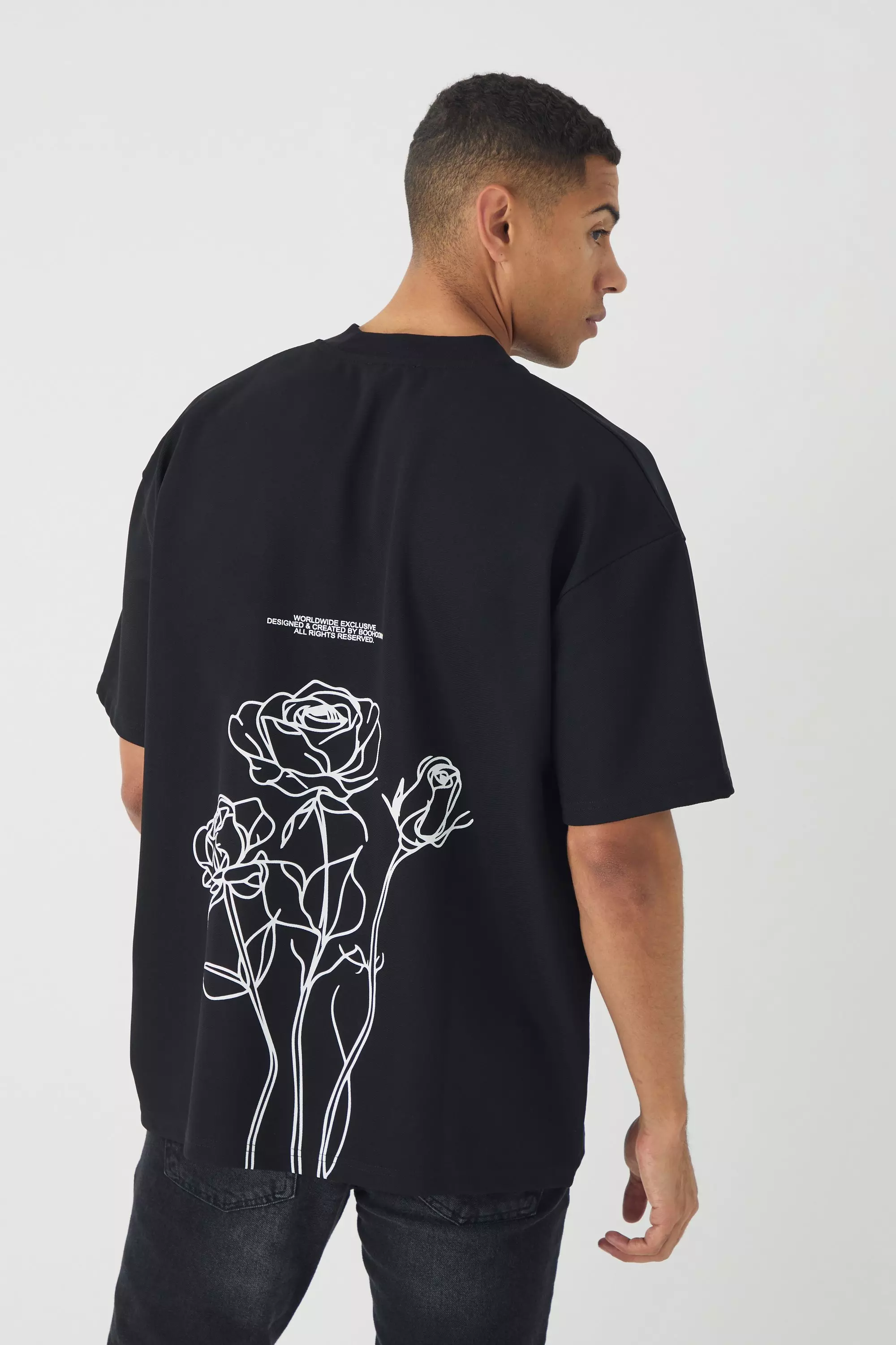 Oversized Jersey Twill Extended Neck Floral Print T-shirt Black