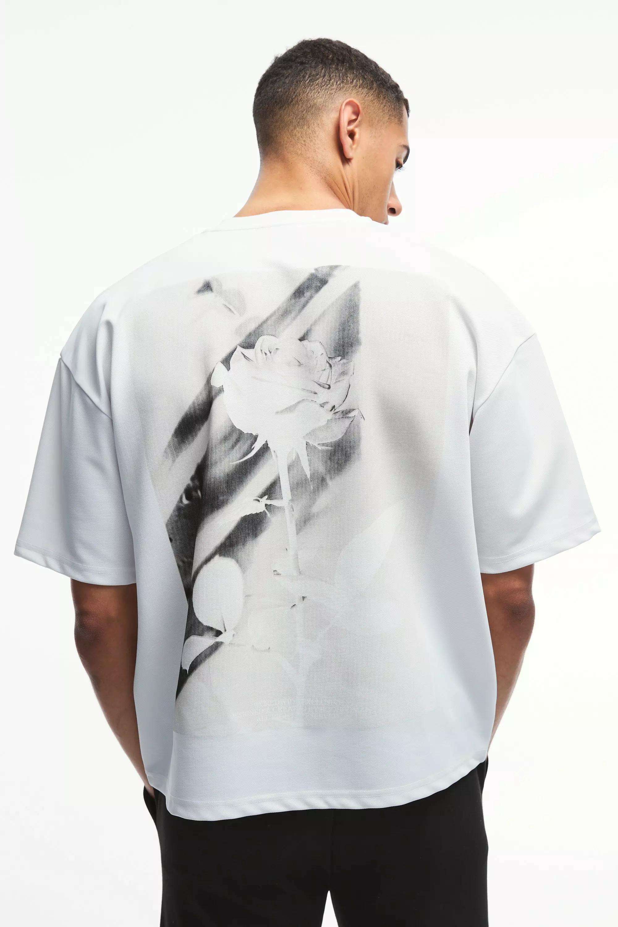 Oversized Boxy Jersey Twill Rose Print T-shirt White