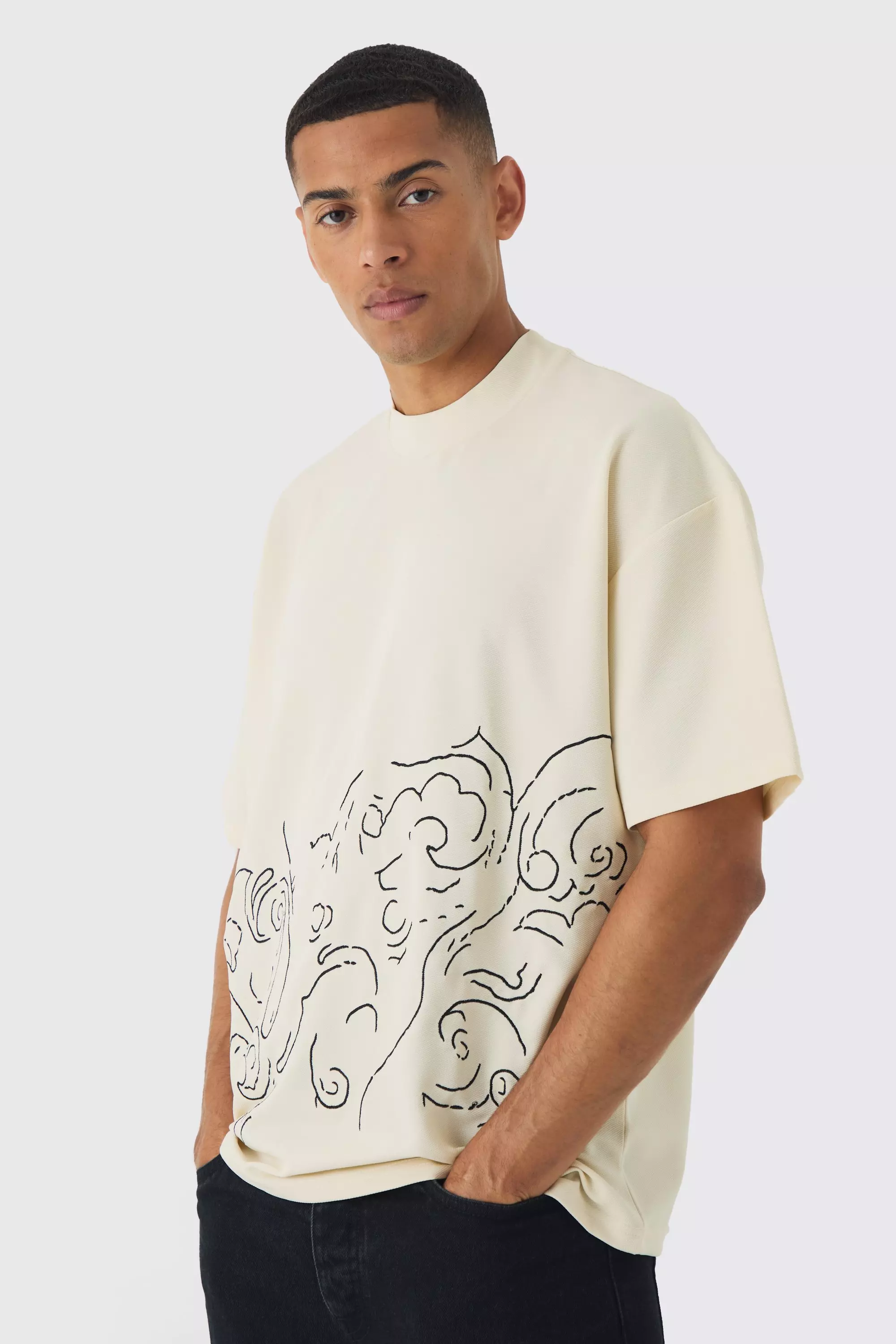 Oversized Extended Neck Jersey Twill Abstract Embroidery T-shirt Ecru