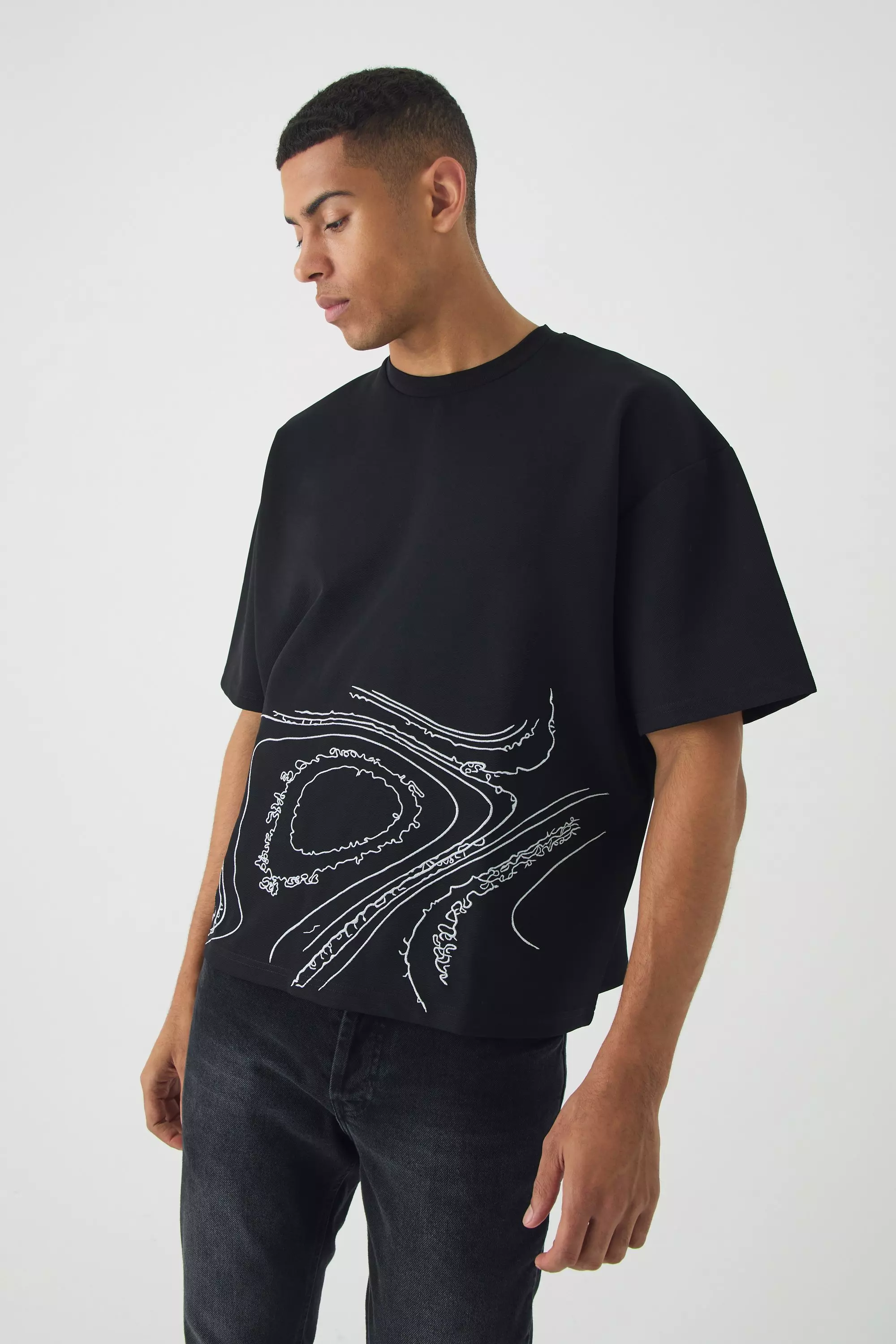 Oversized Boxy Jersey Twill Abstract Embroidery T-shirt Black