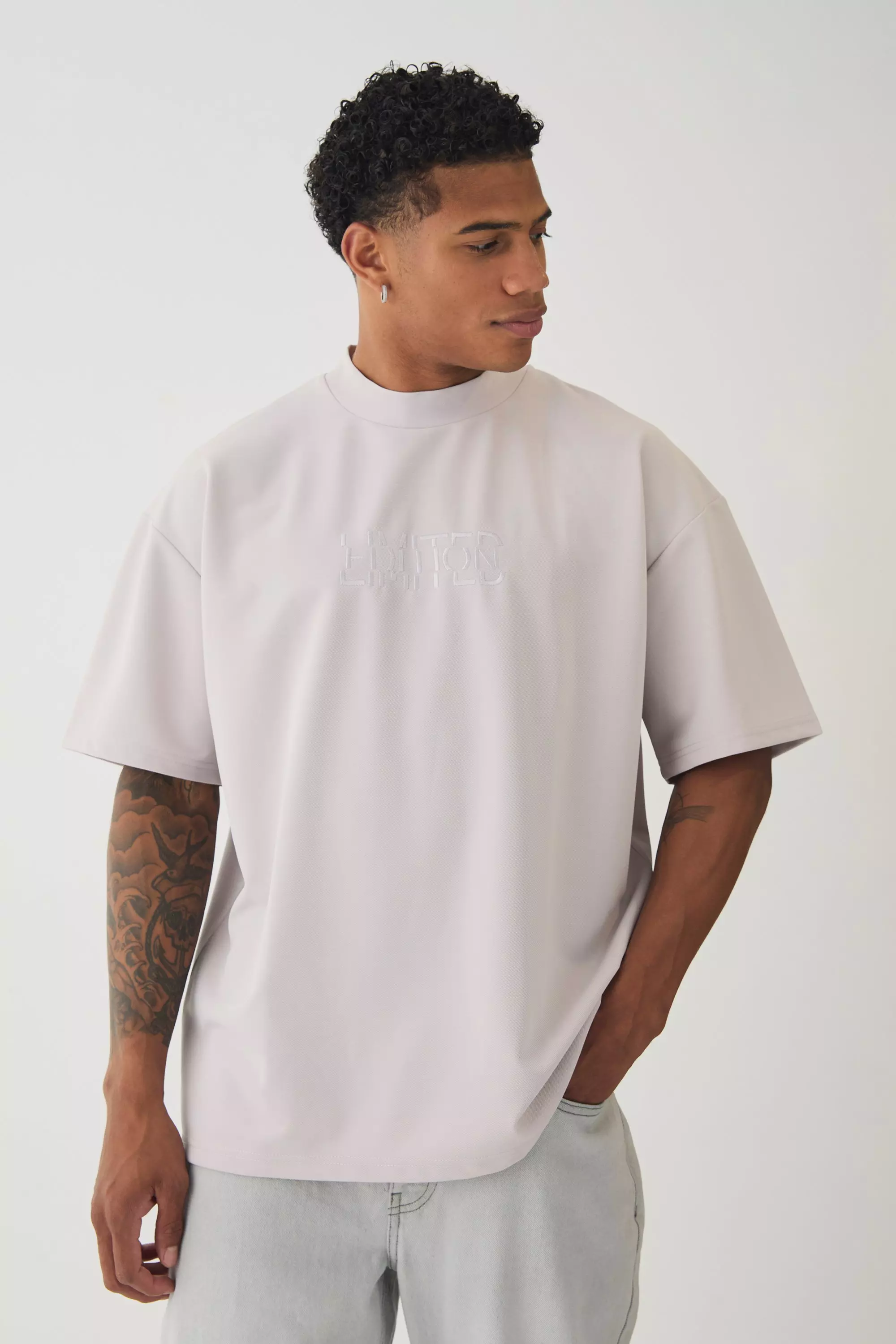 Grey Oversized Extended Neck Jersey Twill Official Embroidery T-shirt