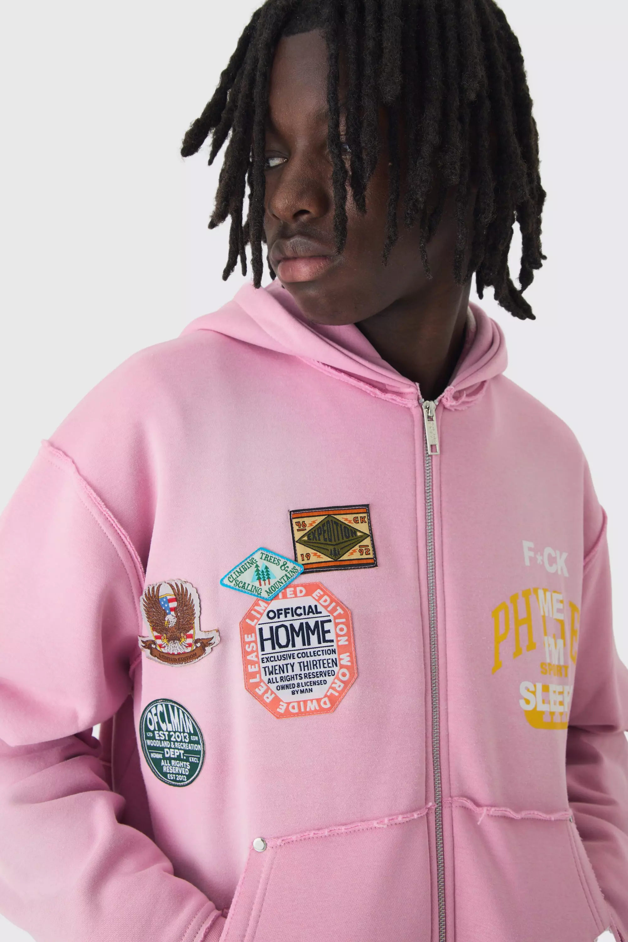 Oversized Applique Distressed Zip Through Brushback Hoodie boohooMAN UK