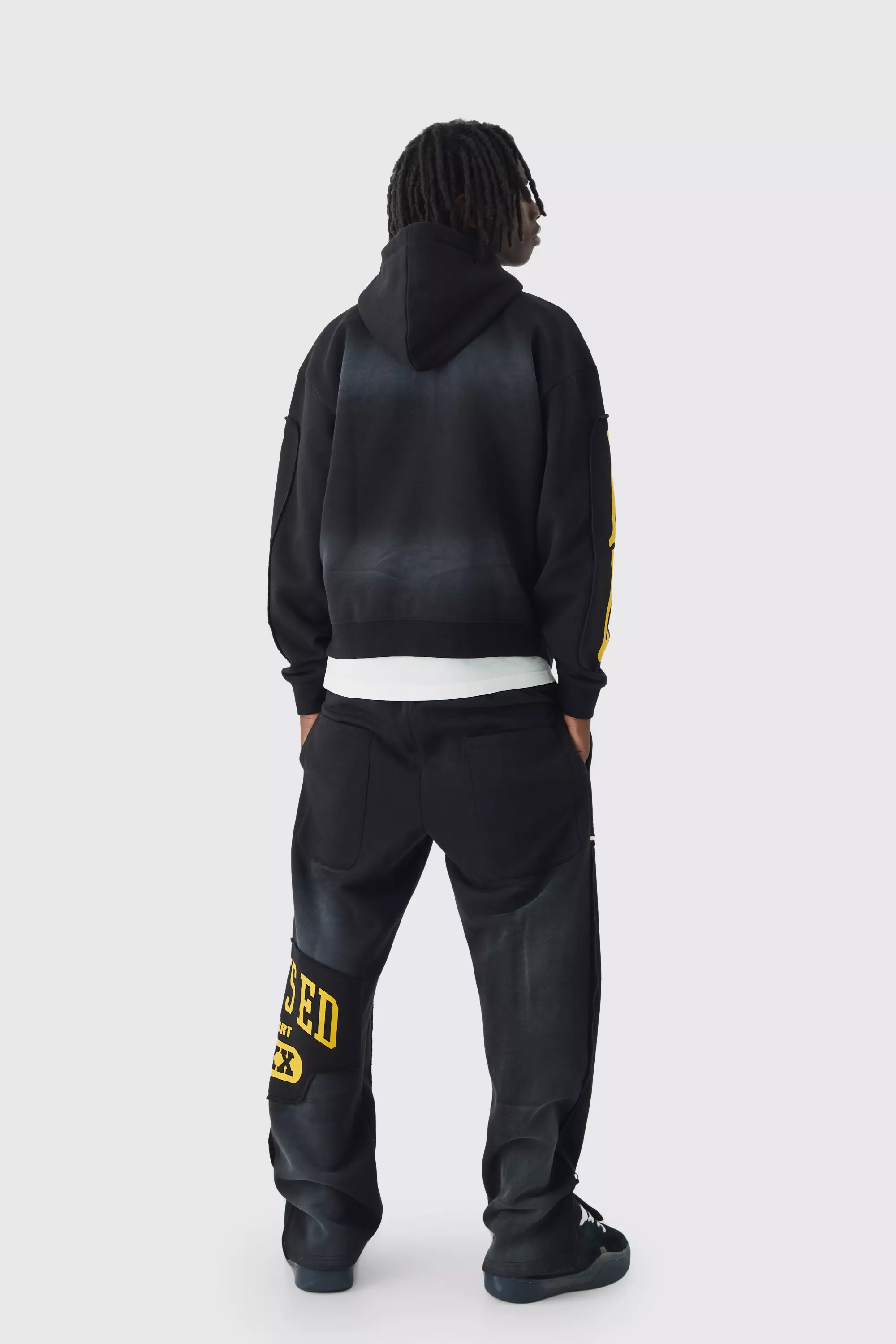 Black Oversized Boxy Distressed Graphic Brushback Hoodie alternative image