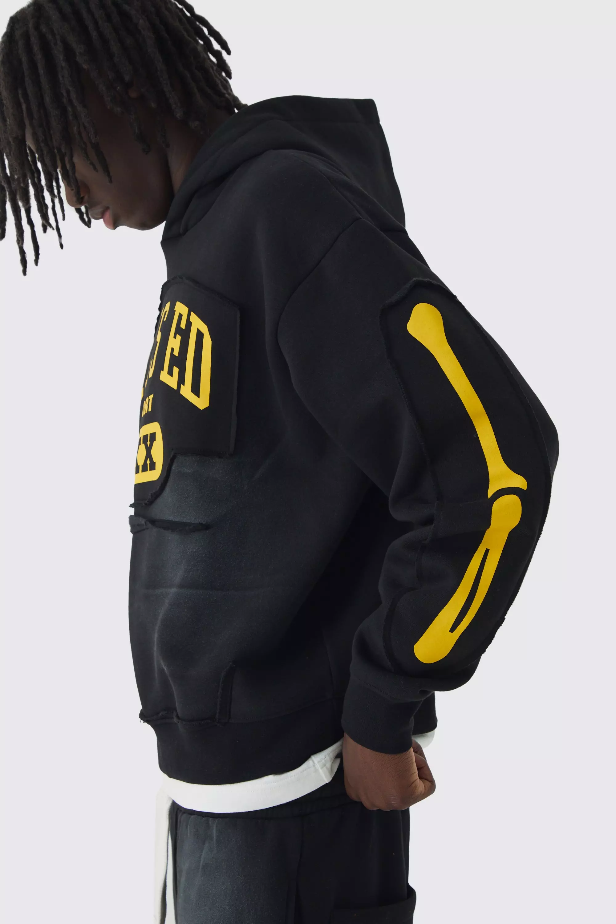 Black Oversized Boxy Distressed Graphic Brushback Hoodie alternative image