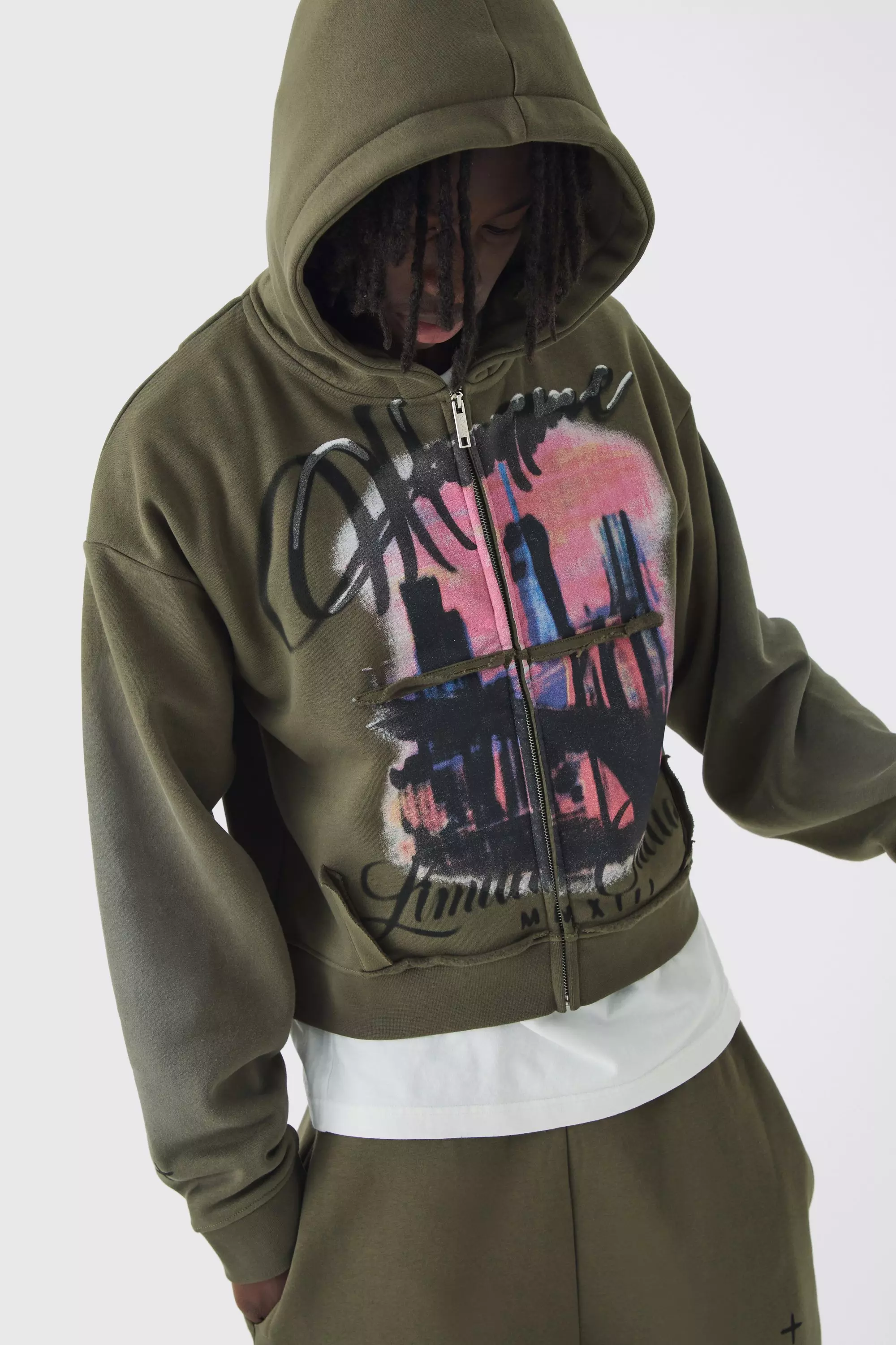 Shrunken Distressed Graphic Zip Through Brushback Hoodie Khaki