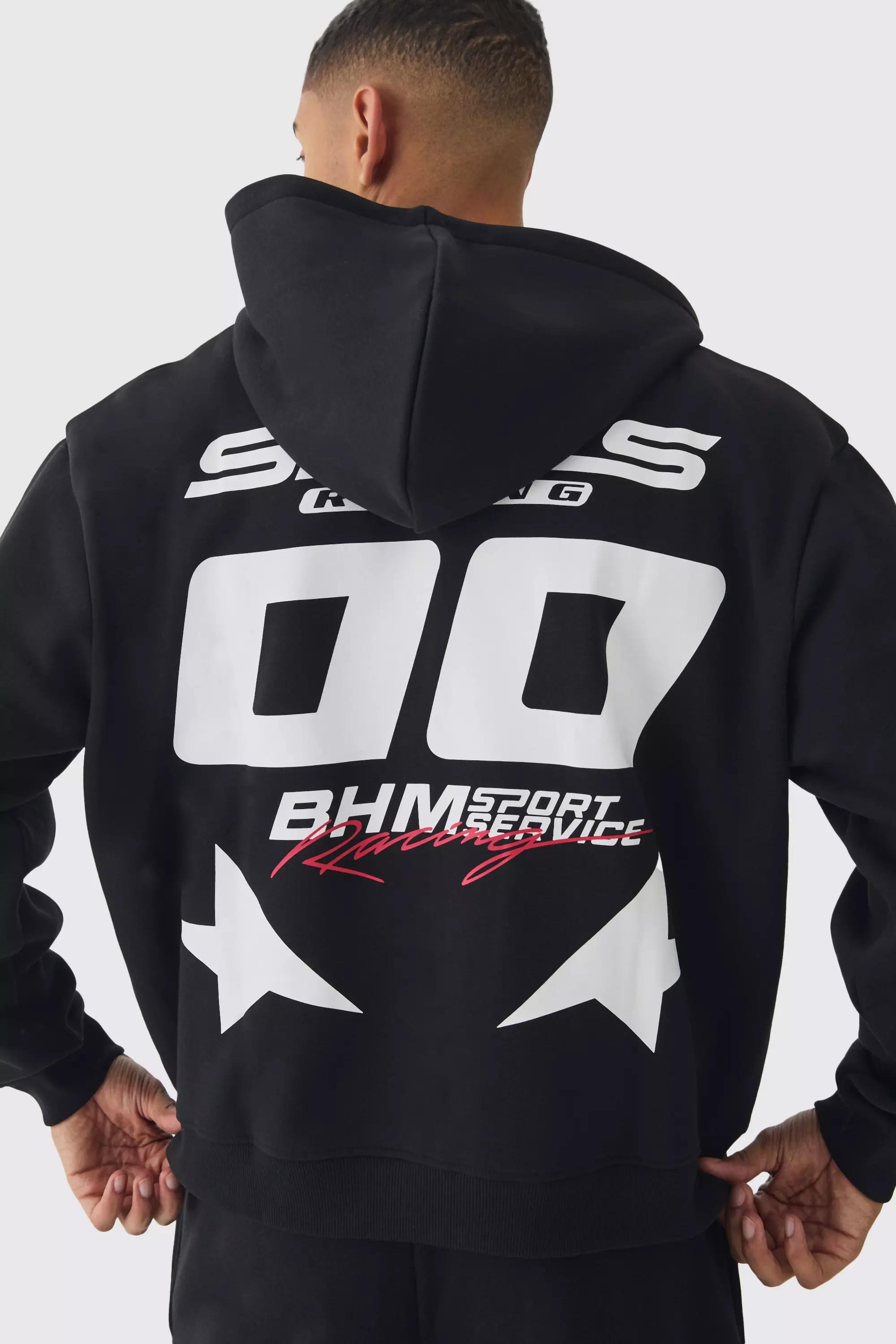 Oversized Boxy Zip Through Moto Print Hoodie | boohooMAN USA