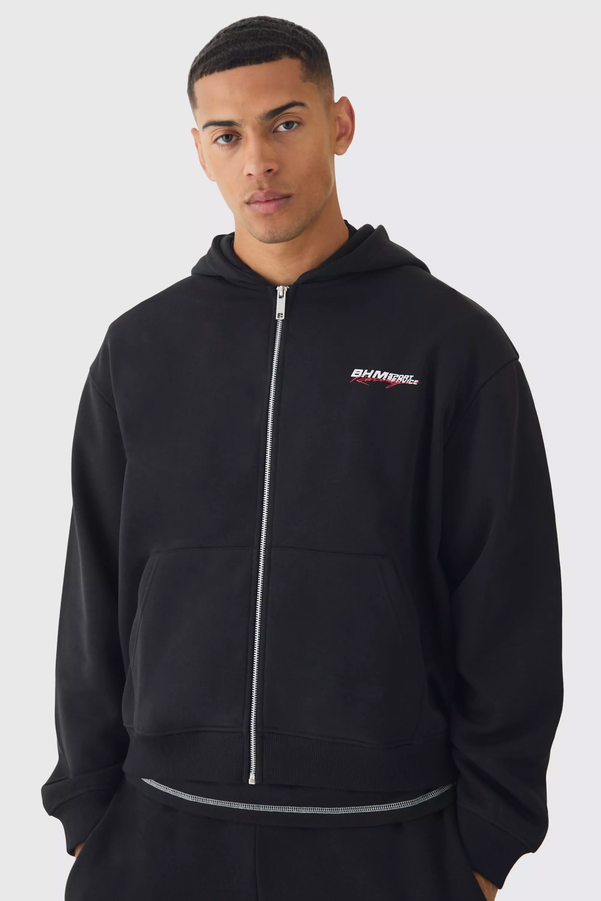 Oversized Boxy Zip Through Moto Print Hoodie | boohooMAN USA