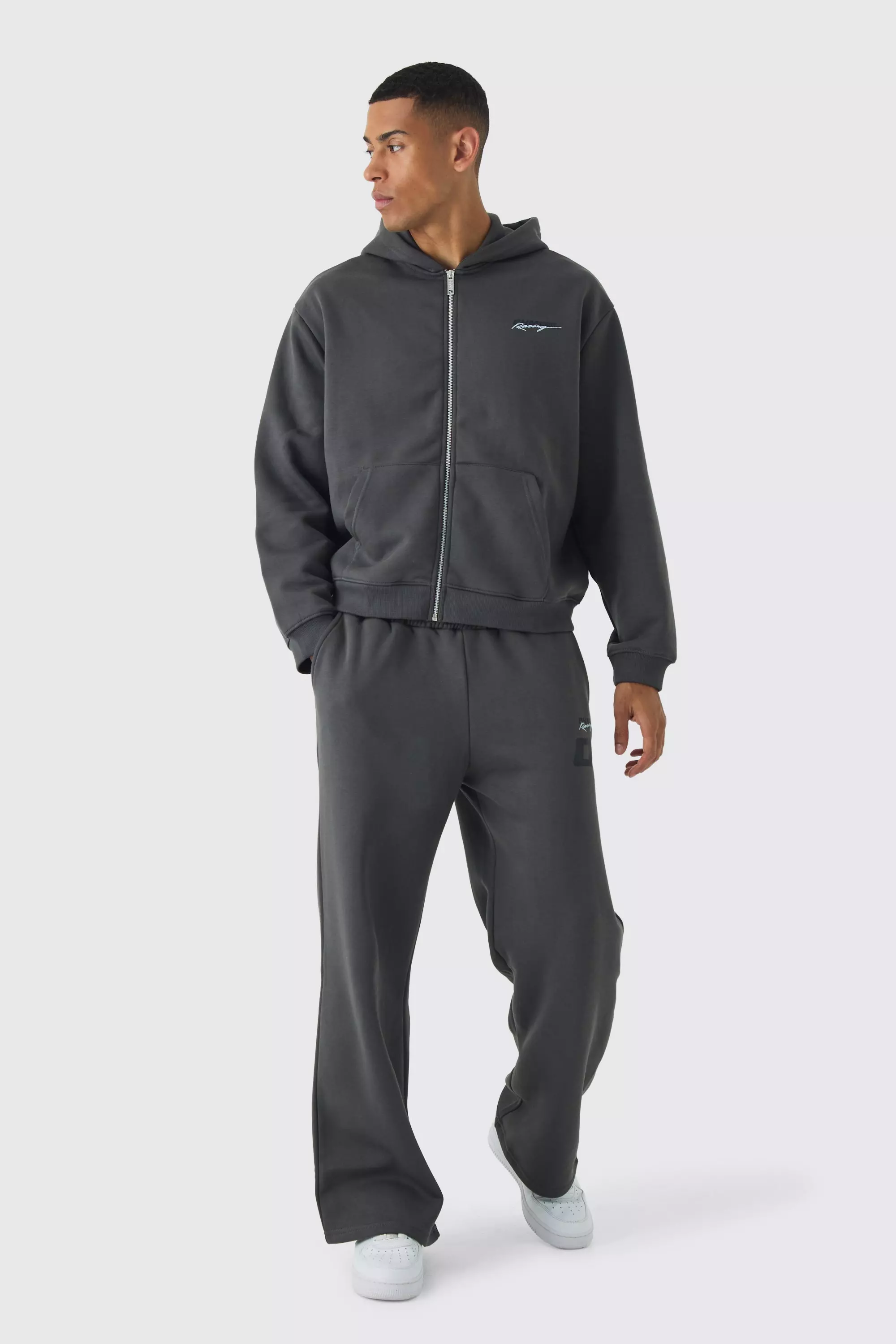 Oversized Boxy Zip Through Moto And Sweatpants Print Tracksuit Charcoal