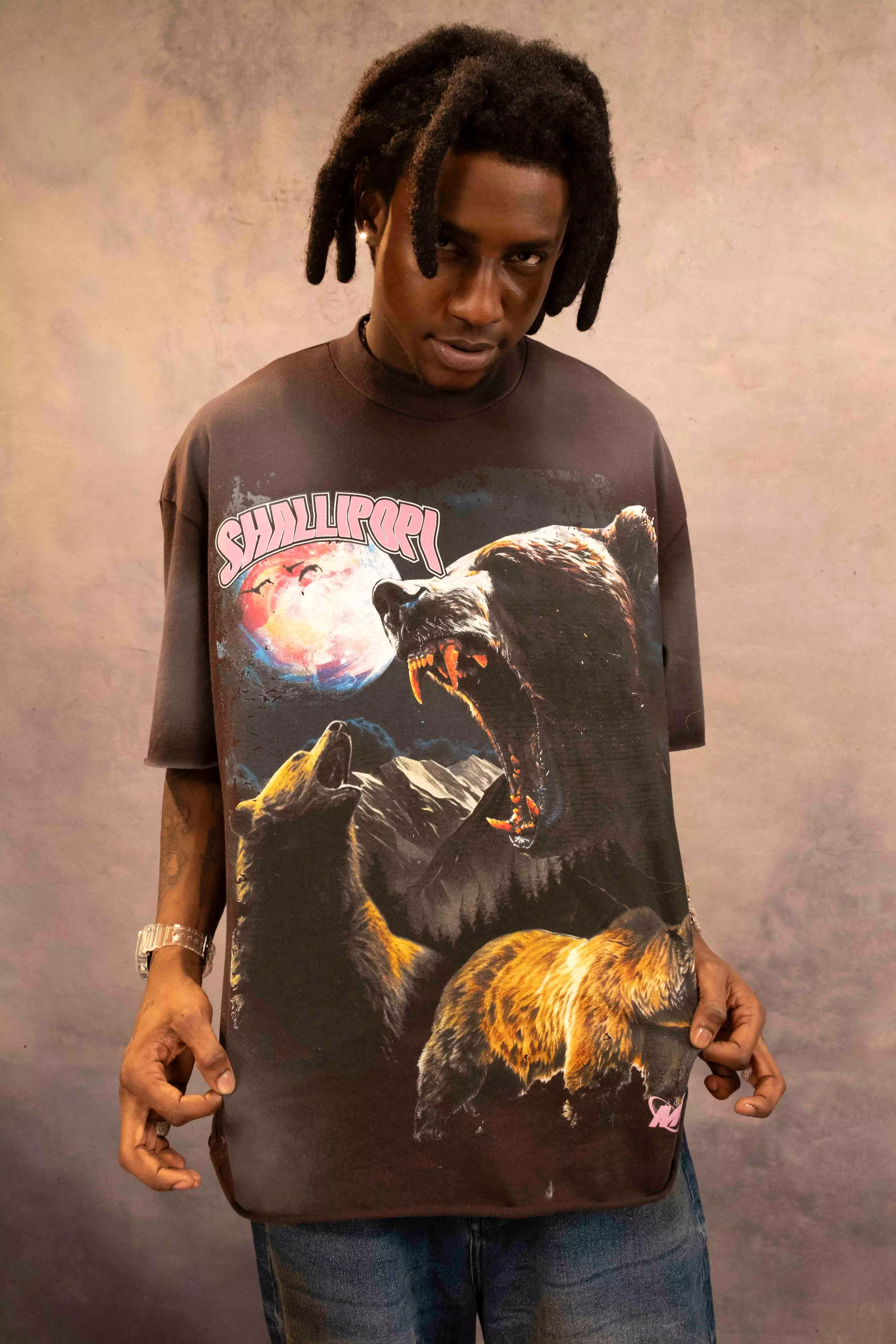 Chocolate Brown Oversized Extended Neck Bear Washed T-shirt