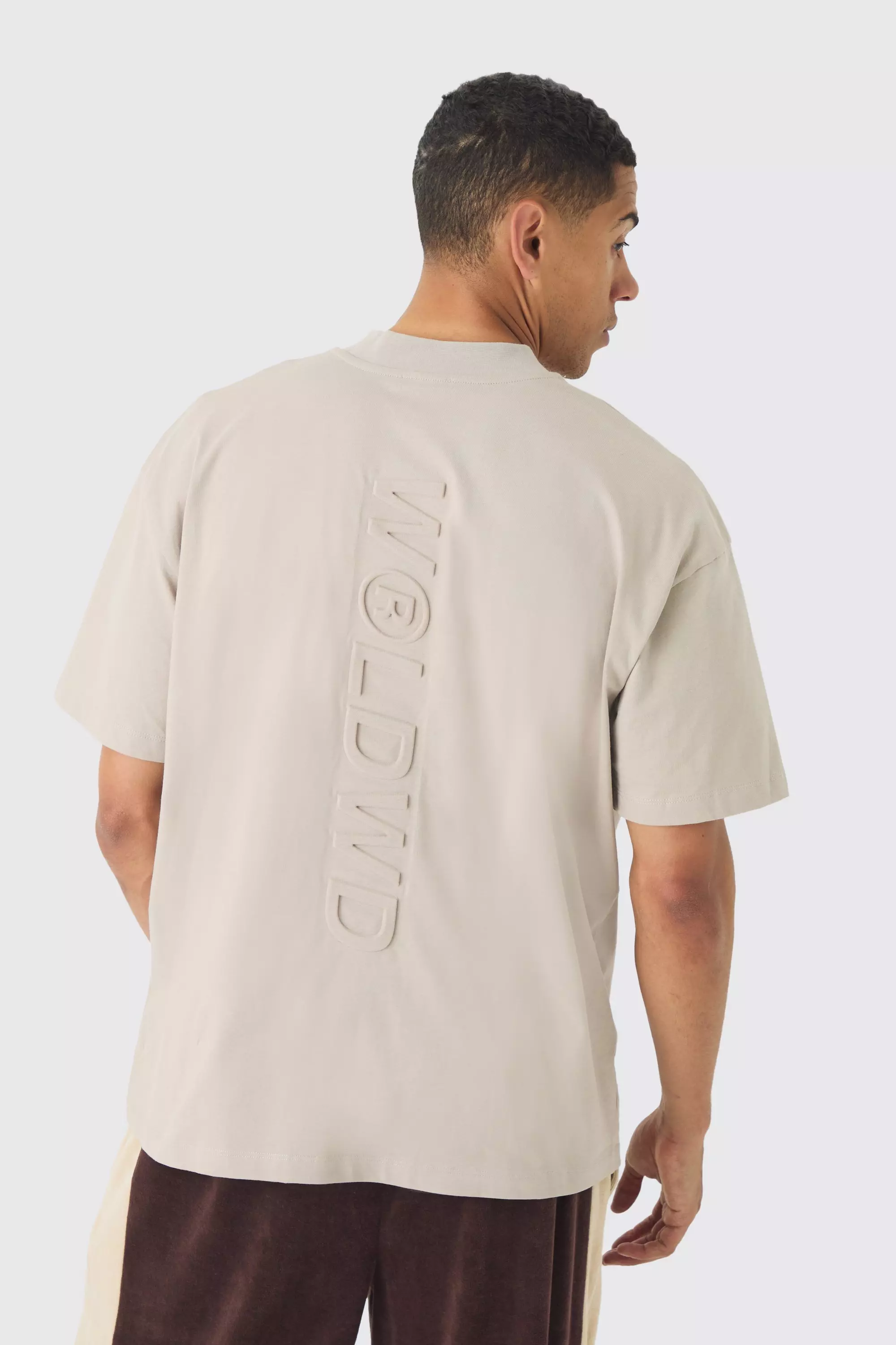 Taupe Beige Oversized Extended Neck Embossed Worldwide T-shirt