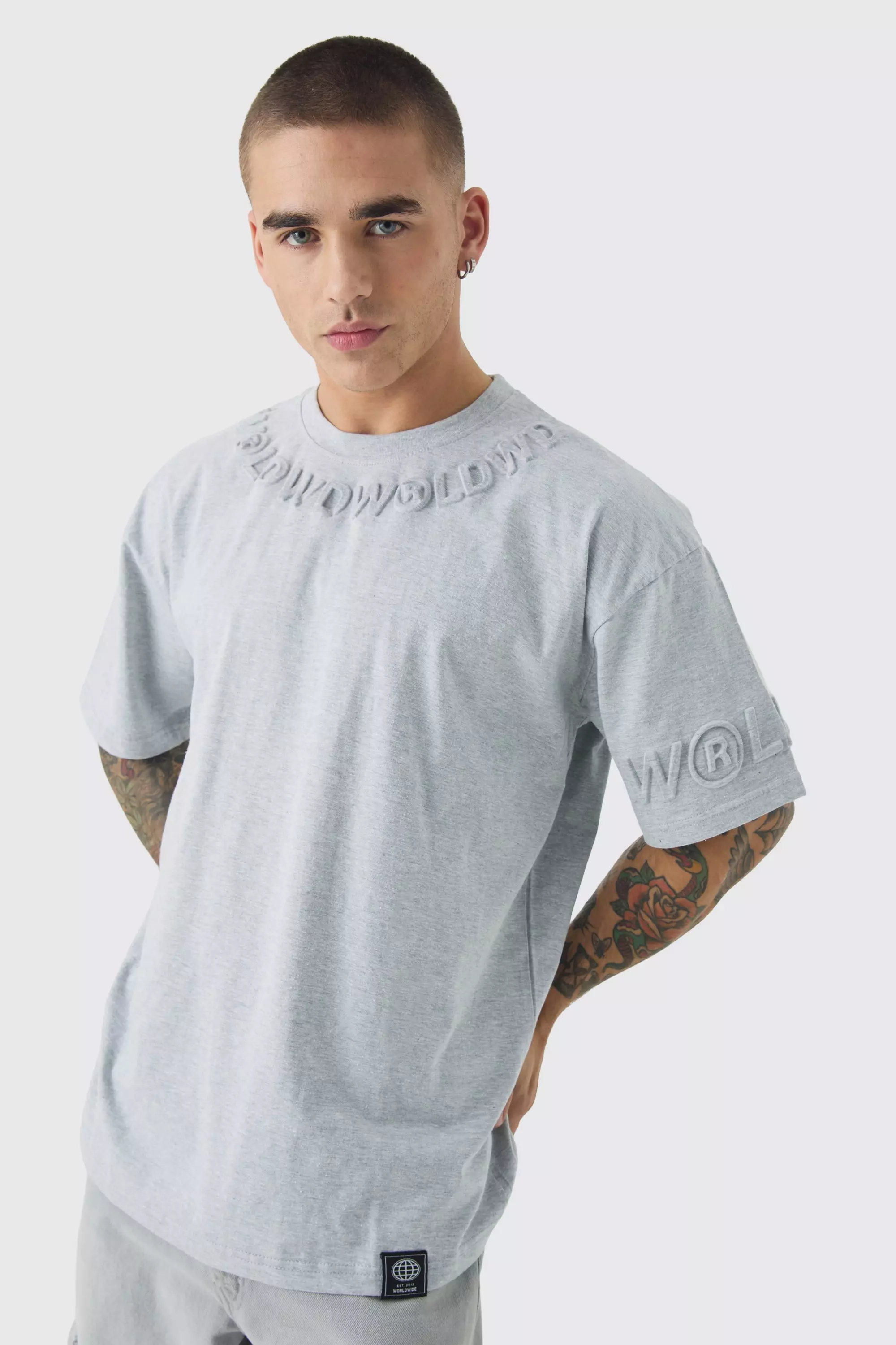 Oversized Deboss Worldwide T-shirt Grey marl