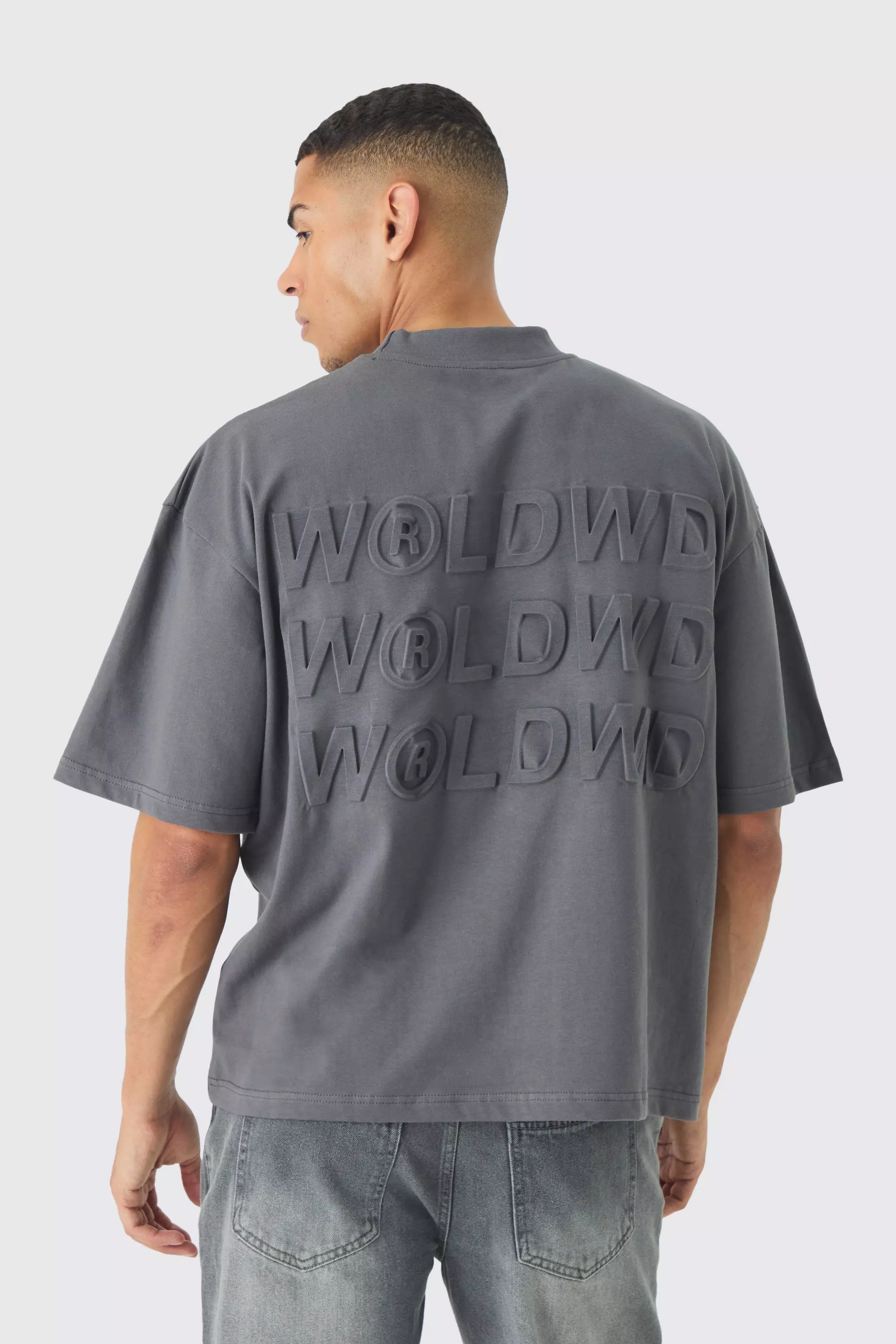 Oversized Boxy Extended Neck Deboss Worldwide T-shirt Charcoal