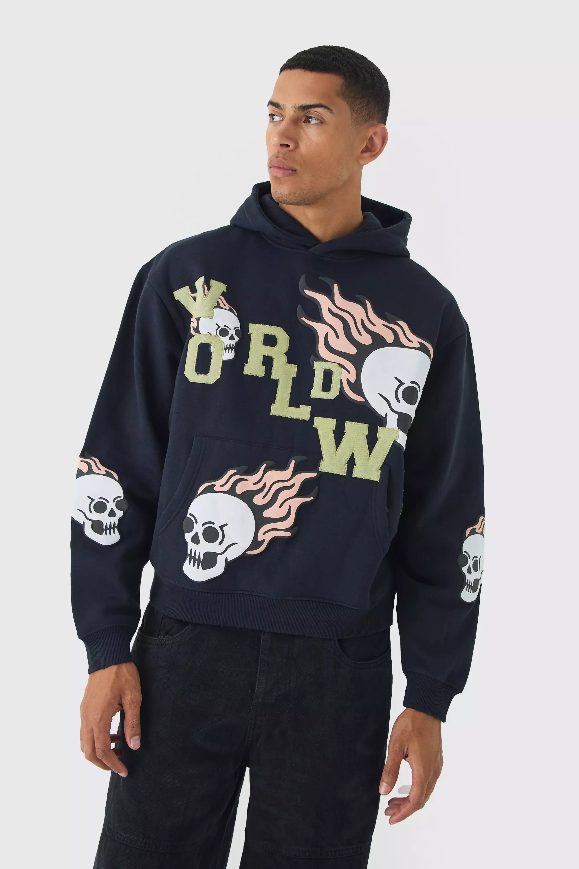 Oversized Boxy Worldwide Embroidery Skull Applique Hoodie boohooMAN USA