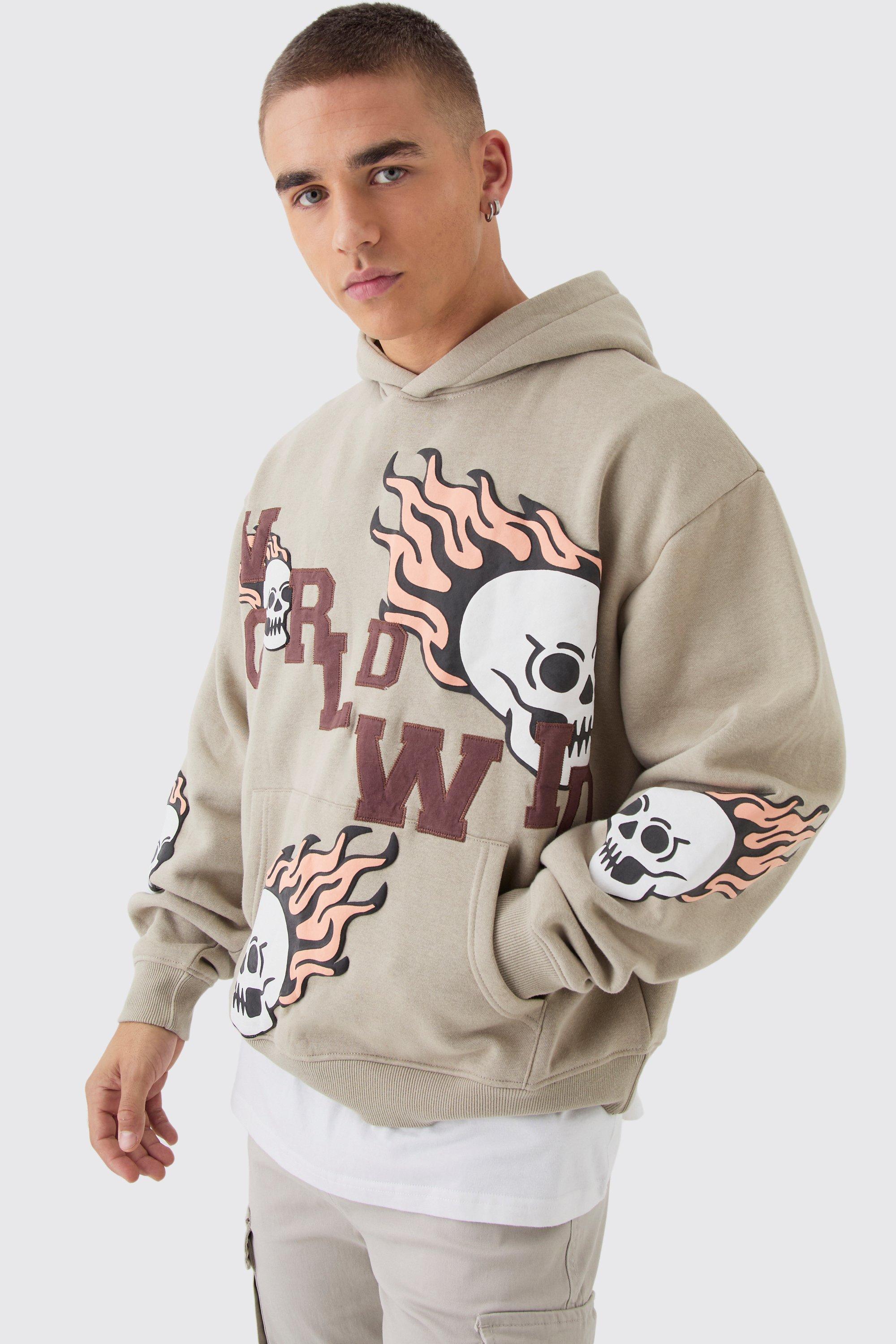 BoohooMAN Men s Oversized Boxy Worldwide Embroidery Skull Applique Hoodie White Hoodies