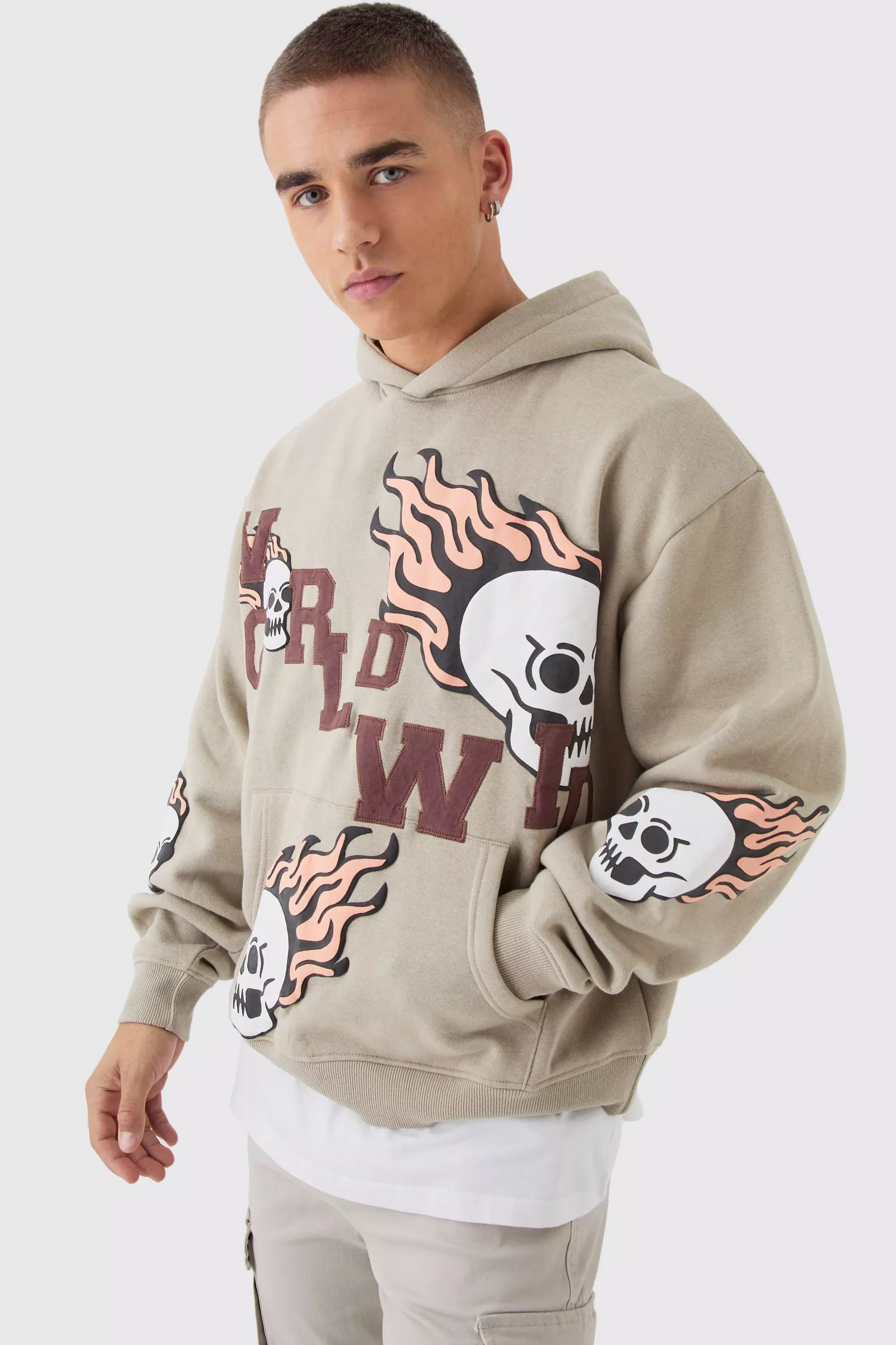 Oversized Boxy Worldwide Embroidery Skull Applique Hoodie Stone