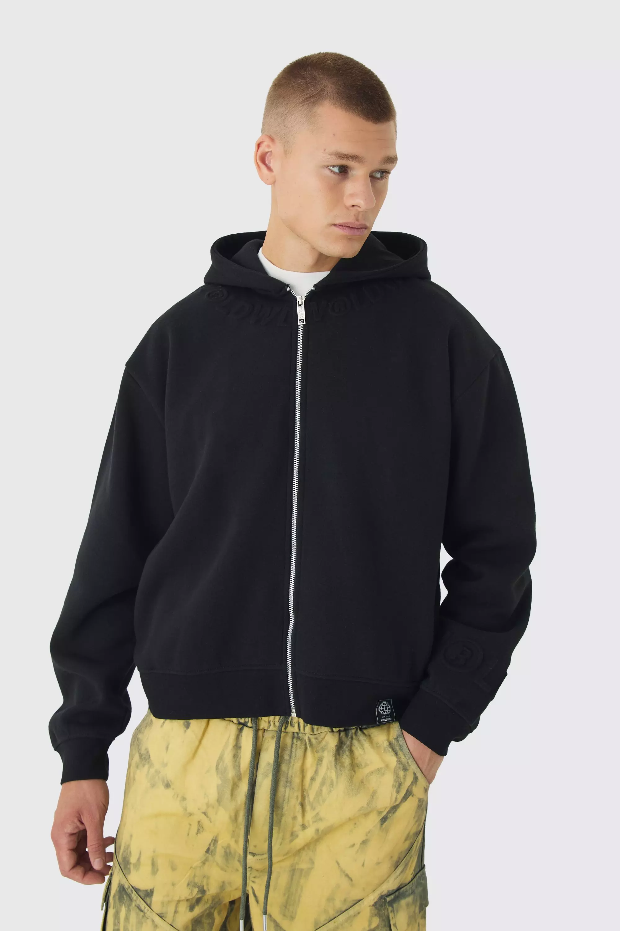 Oversized Boxy Worldwide Debossed Zip Through Hoodie Black