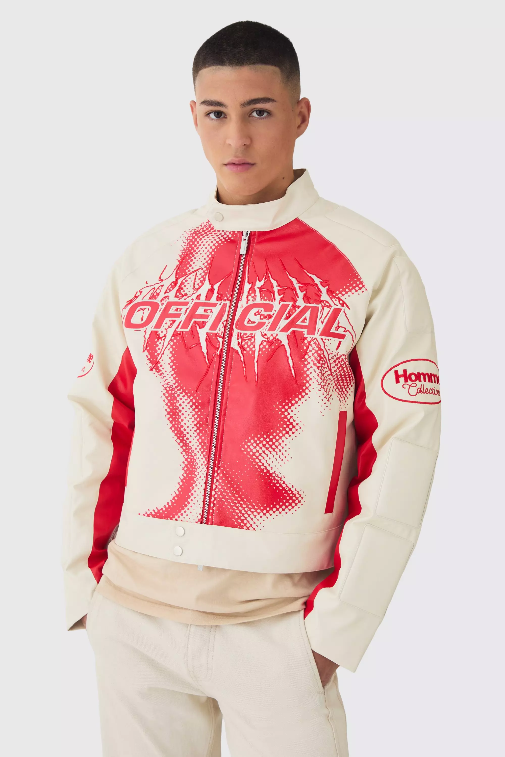 Boxy Official Printed PU Moto Jacket In Ecru alternative image