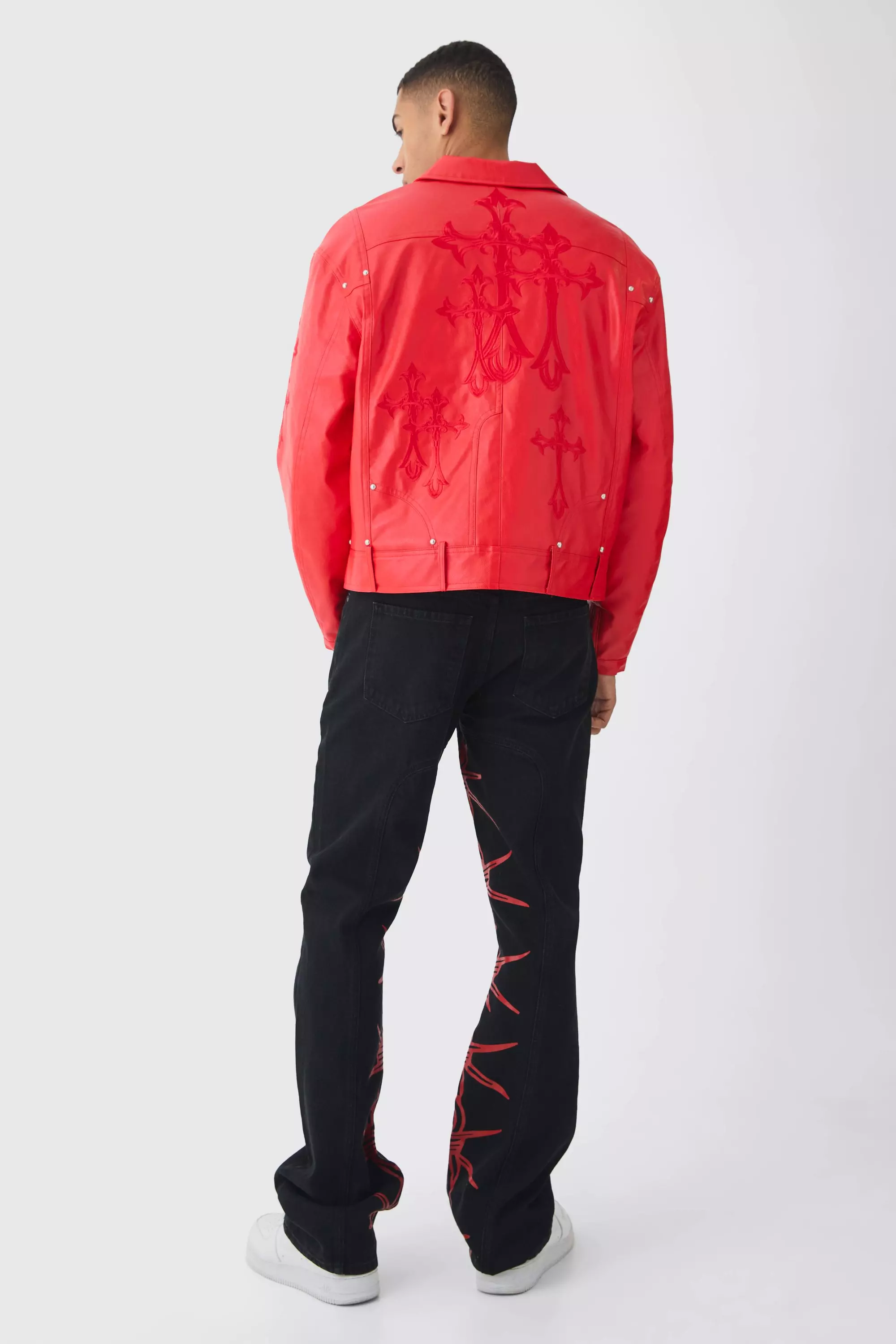 Cross Applique PU Biker Jacket In Red alternative image
