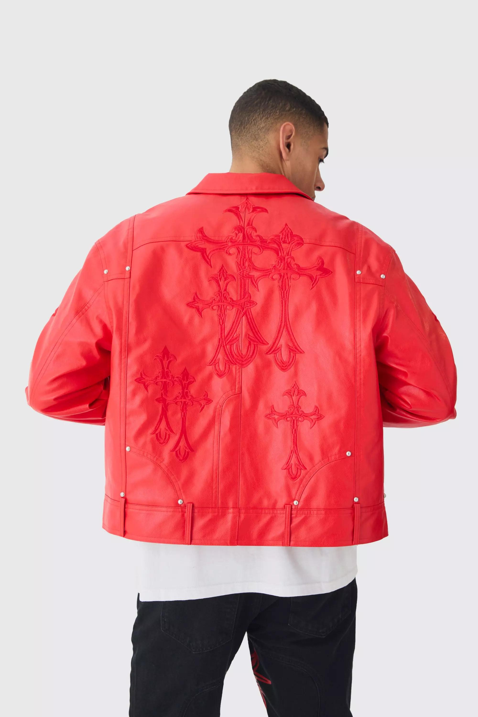 Cross Applique PU Biker Jacket In Red alternative image