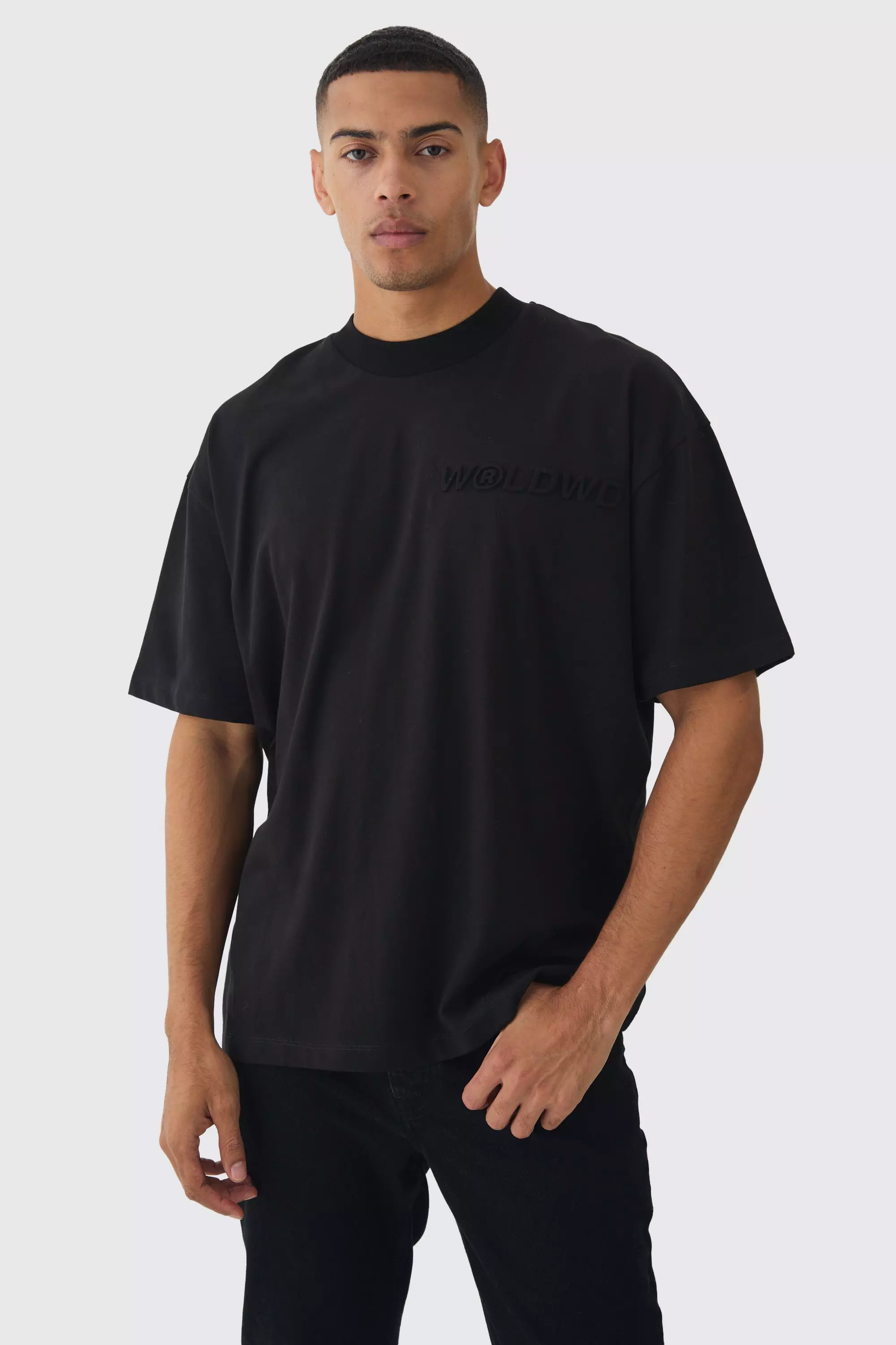 Oversized Extended Neck Embossed Worldwide T-shirt Black