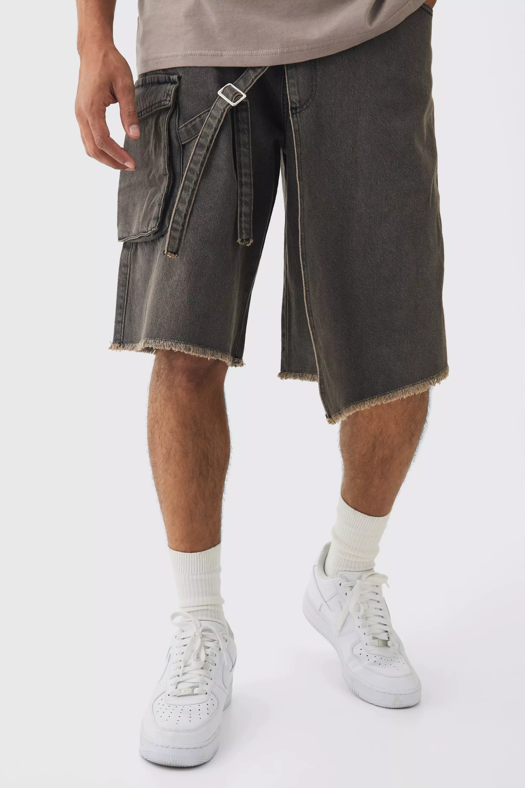 Ash Grey Strap Overlayed Denim Cargo Jorts