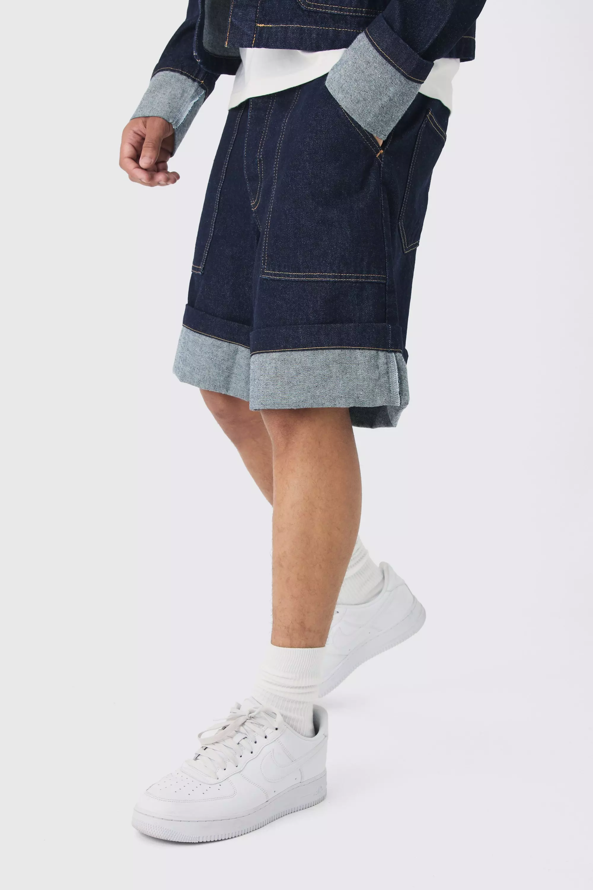 Regular Rigid Denim Turn Up Jorts In Indigo Indigo