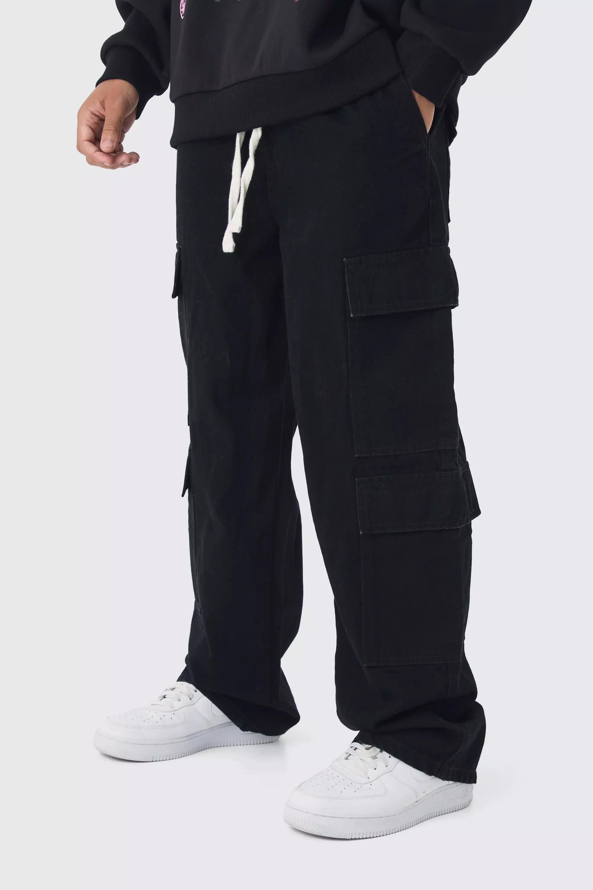 Elasticated Baggy Fit Multi Cargo Trousers Black