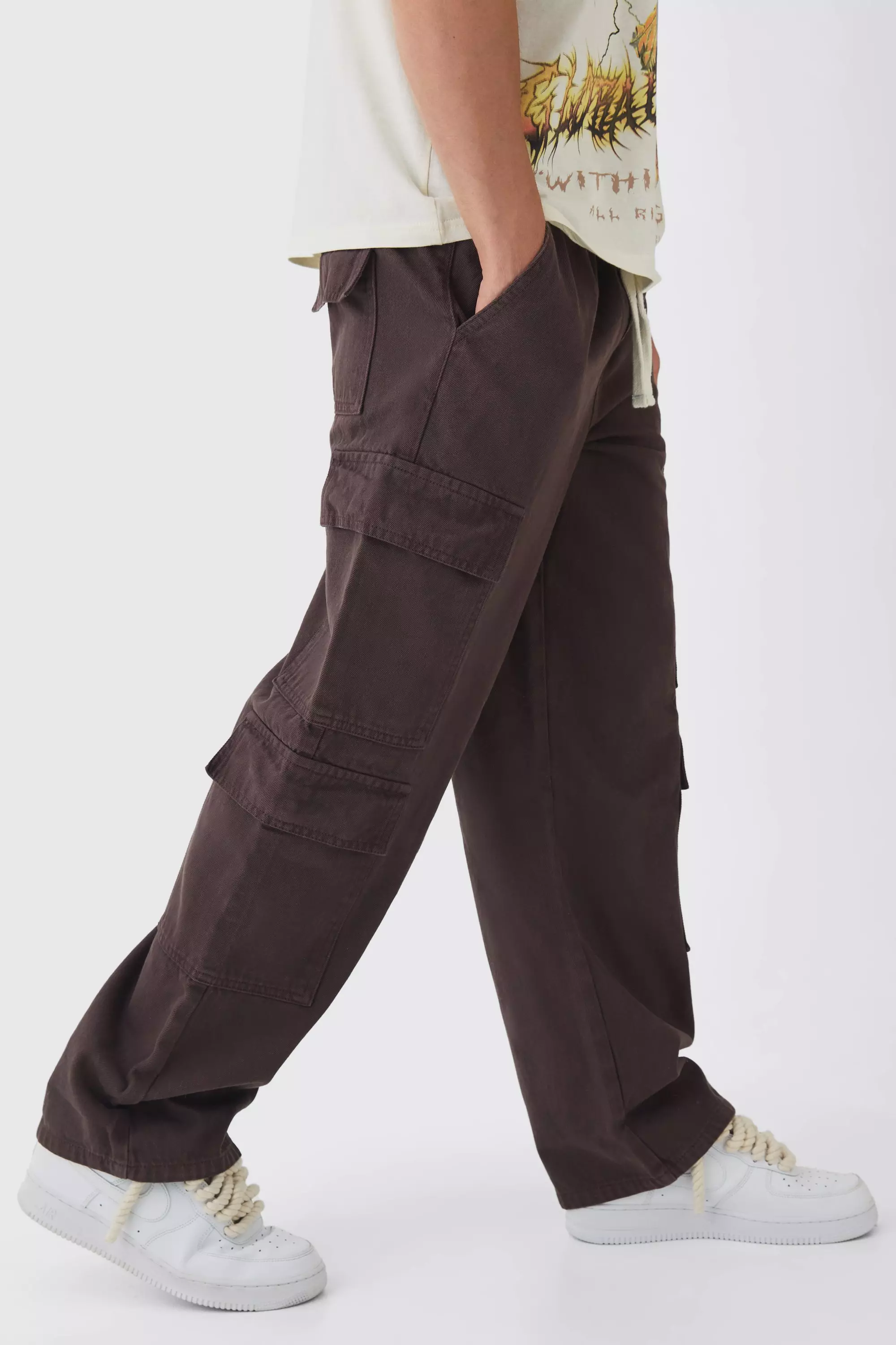 Elasticated Baggy Fit Multi Cargo Trousers Chocolate