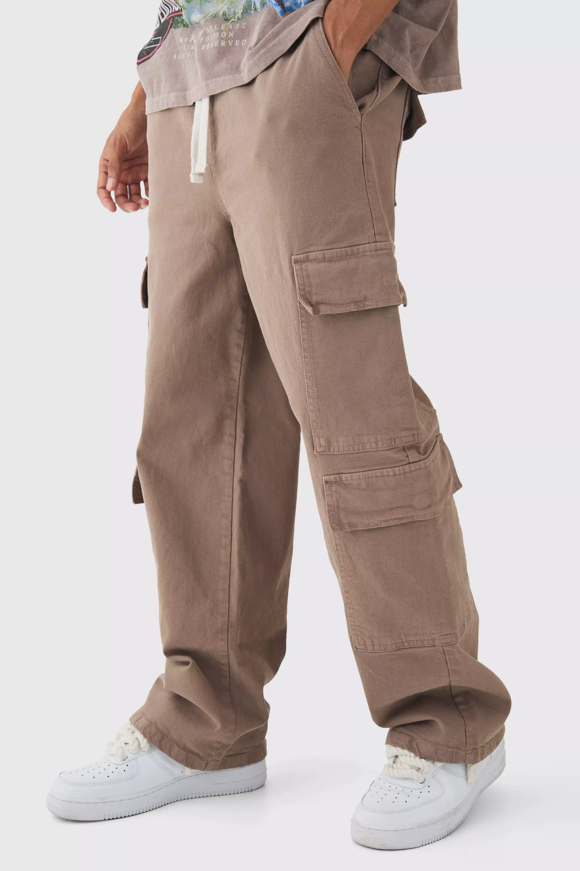 Elasticated Baggy Fit Multi Cargo Trousers Taupe