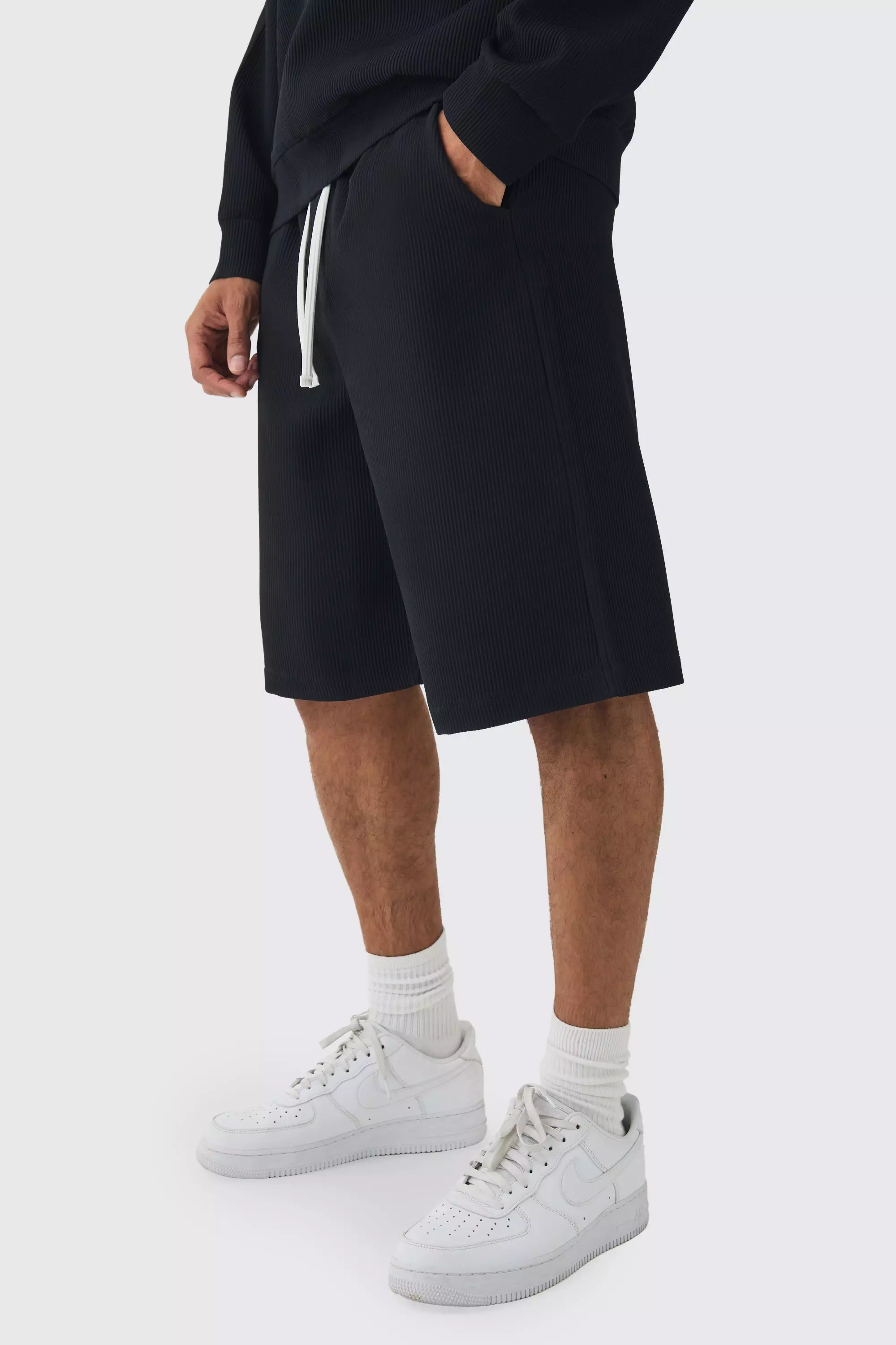 Black Elasticated Waist Pleated Jorts