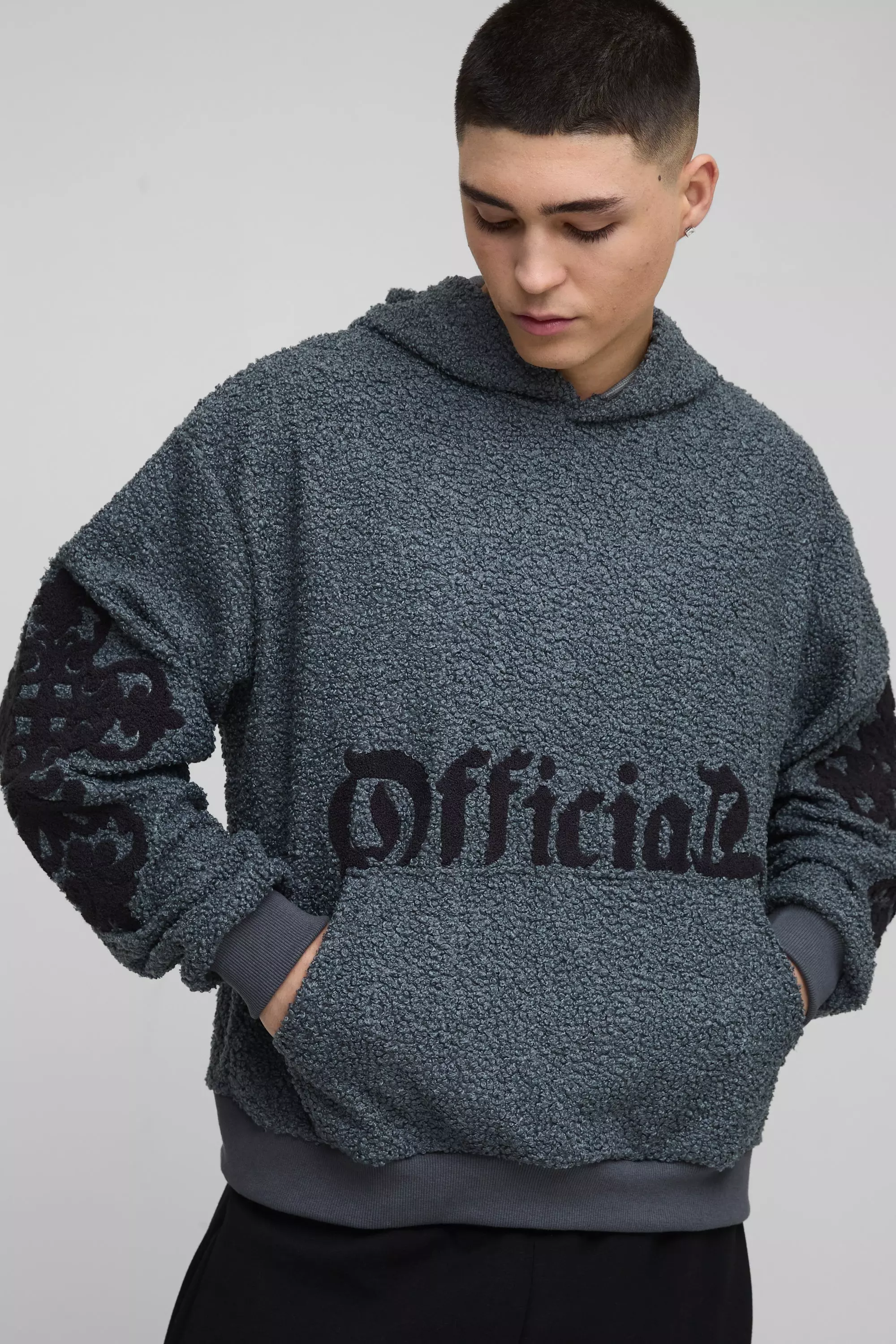 Oversized Boxy Official Goth Cross Boucle Borg Hoodie Charcoal